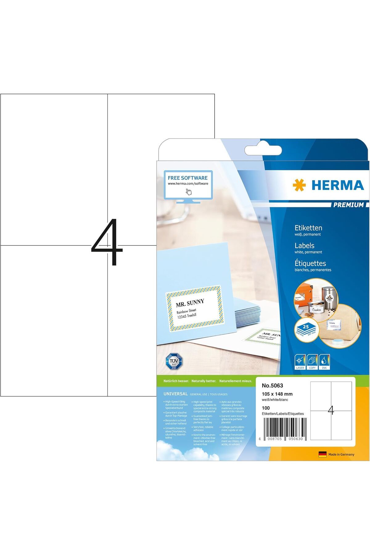 STOREMAX OZN Kendinden Yapışkanlı Çok Amaçlı Etiketler, A4 Sayfa Başına 4 Etiket, Lazer ve Mürekkep