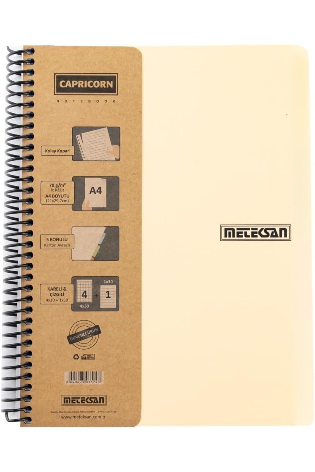 STOREMAX SRT Capricorn Ofis Serisi, A4, 4 Konulu (3 Kareli, 1 Çizgili) 120 Yaprak PP Kapaklı Spiralli Defte