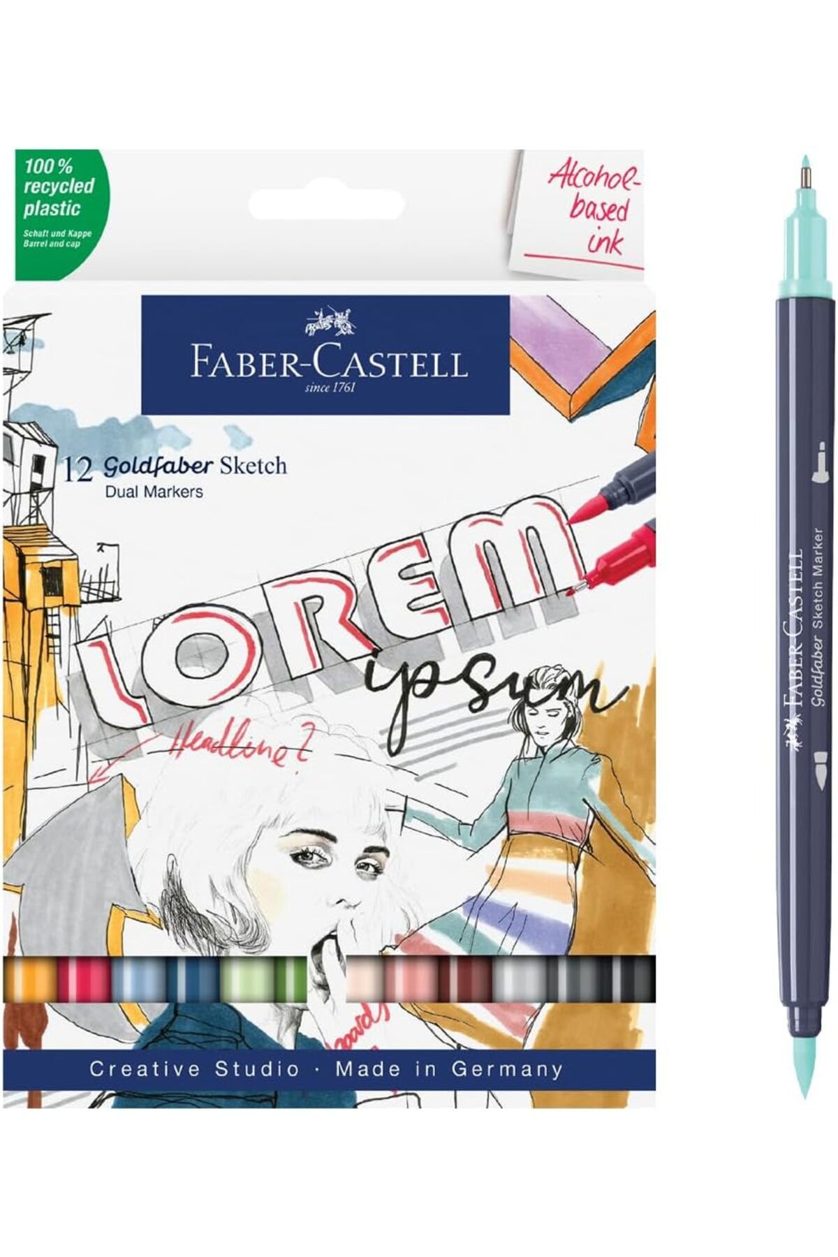 STOREMAX Rom Goldfaber Sketch Markör Seti, 12’li, Çift Uçlu, 0.6 mm Fineliner Uç, Kalıcı Alkol Bazlı