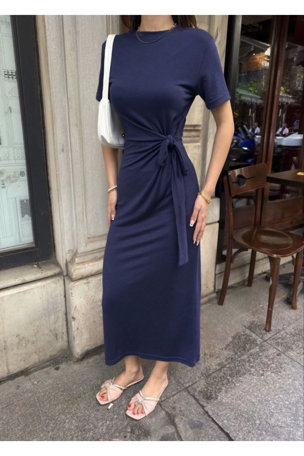 velmorafashion Osy Modal Yumuşak Dokulu Kumaş Bisiklet Yaka Kısa Kollu Kuşaklı Uzun Elbise - Mavi