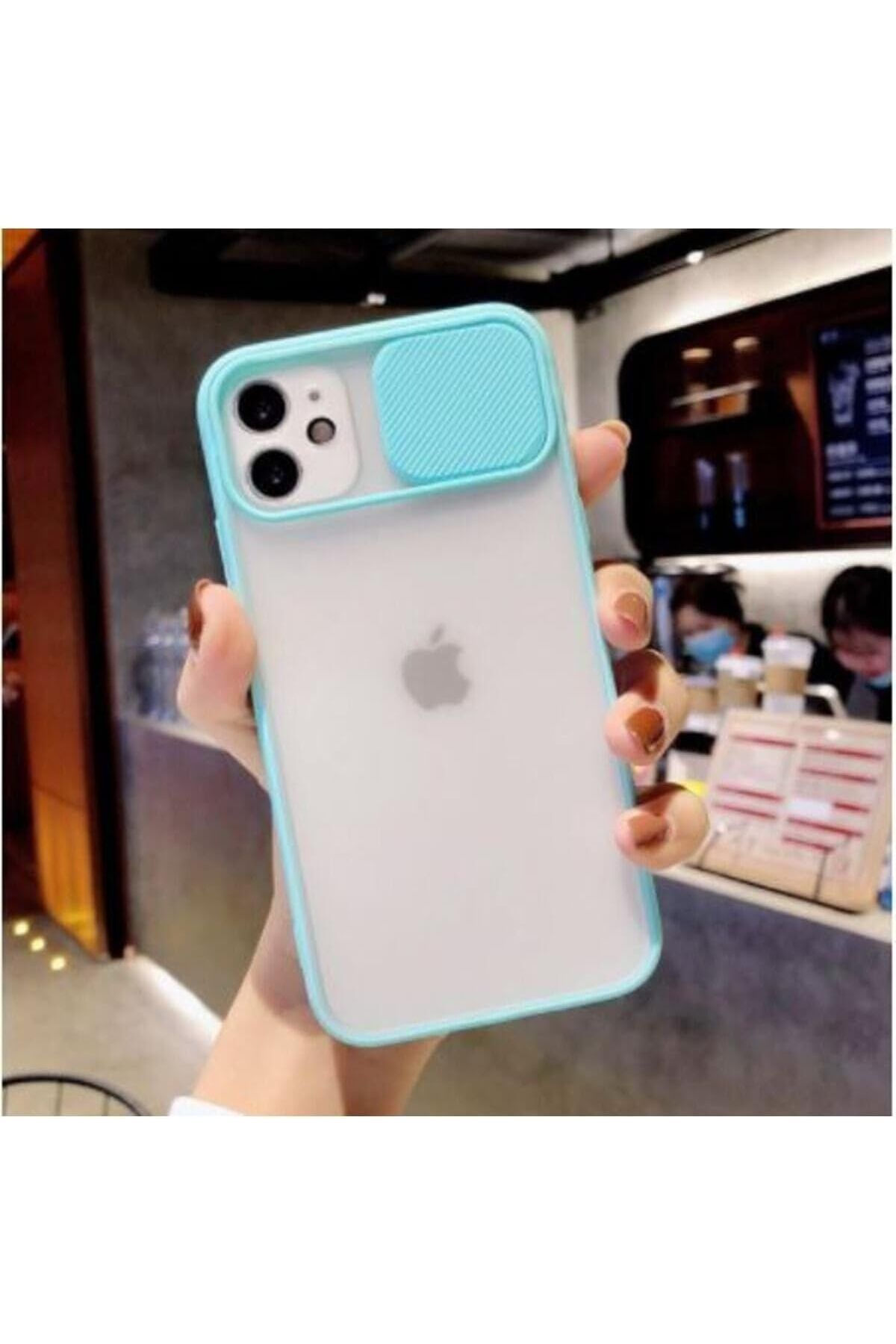 STOREMAX ELZ Iphone 12 Kılıf Kamera Lens Sürgülü Korumalı, Kenar Renkli, Arkası Buzlu Şeffaf Kapak (T