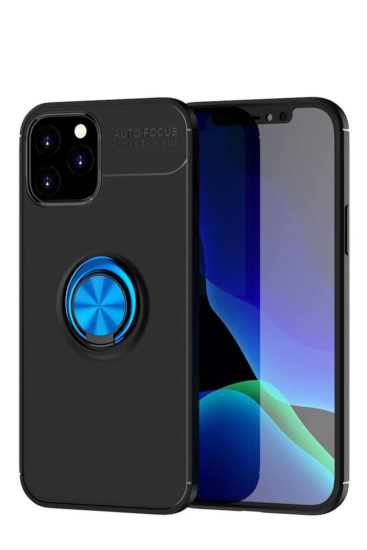 NewFace iPhone 12 Kılıf Range Yüzüklü Silikon - Siyah-Mavi YNSMR