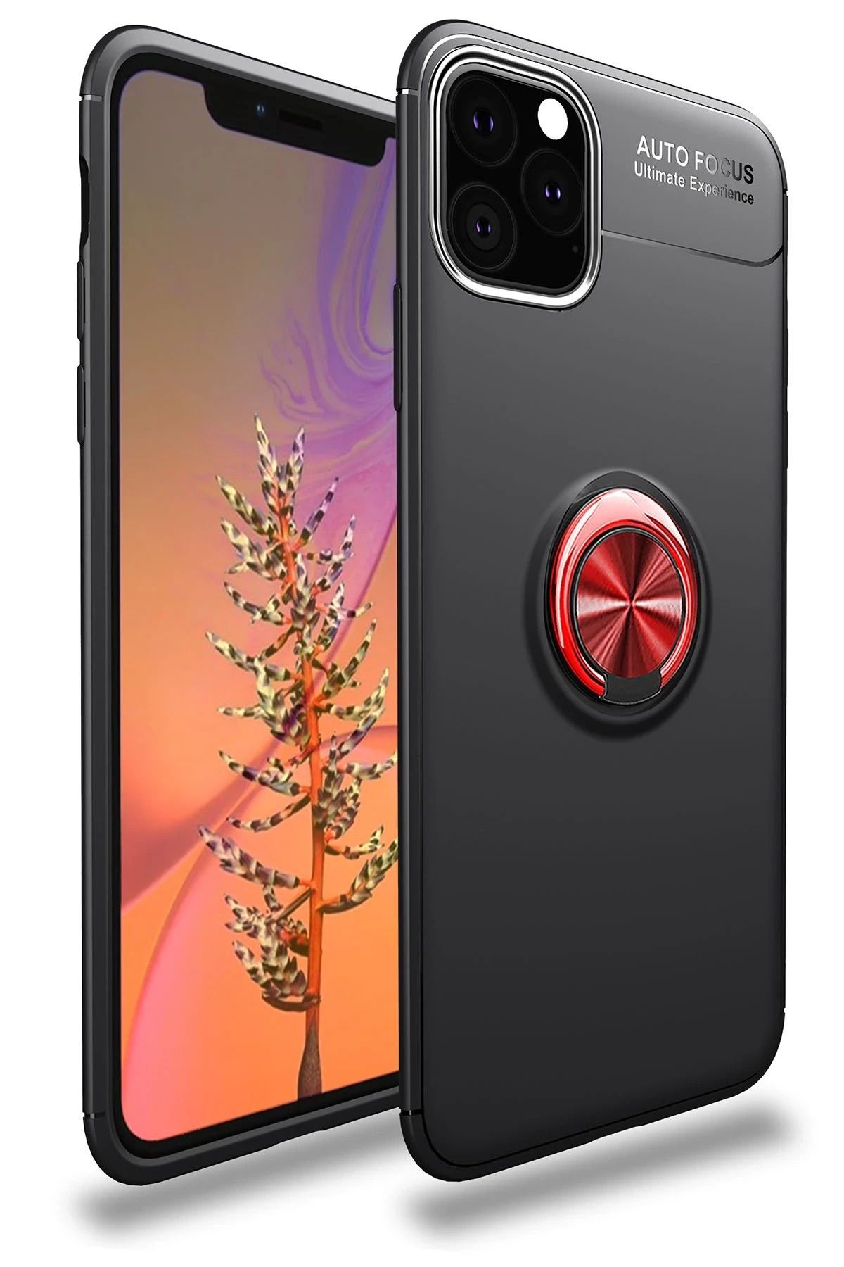 NewFace iPhone 11 Pro Kılıf Range Yüzüklü Silikon - Siyah-Kırmızı BSTMY