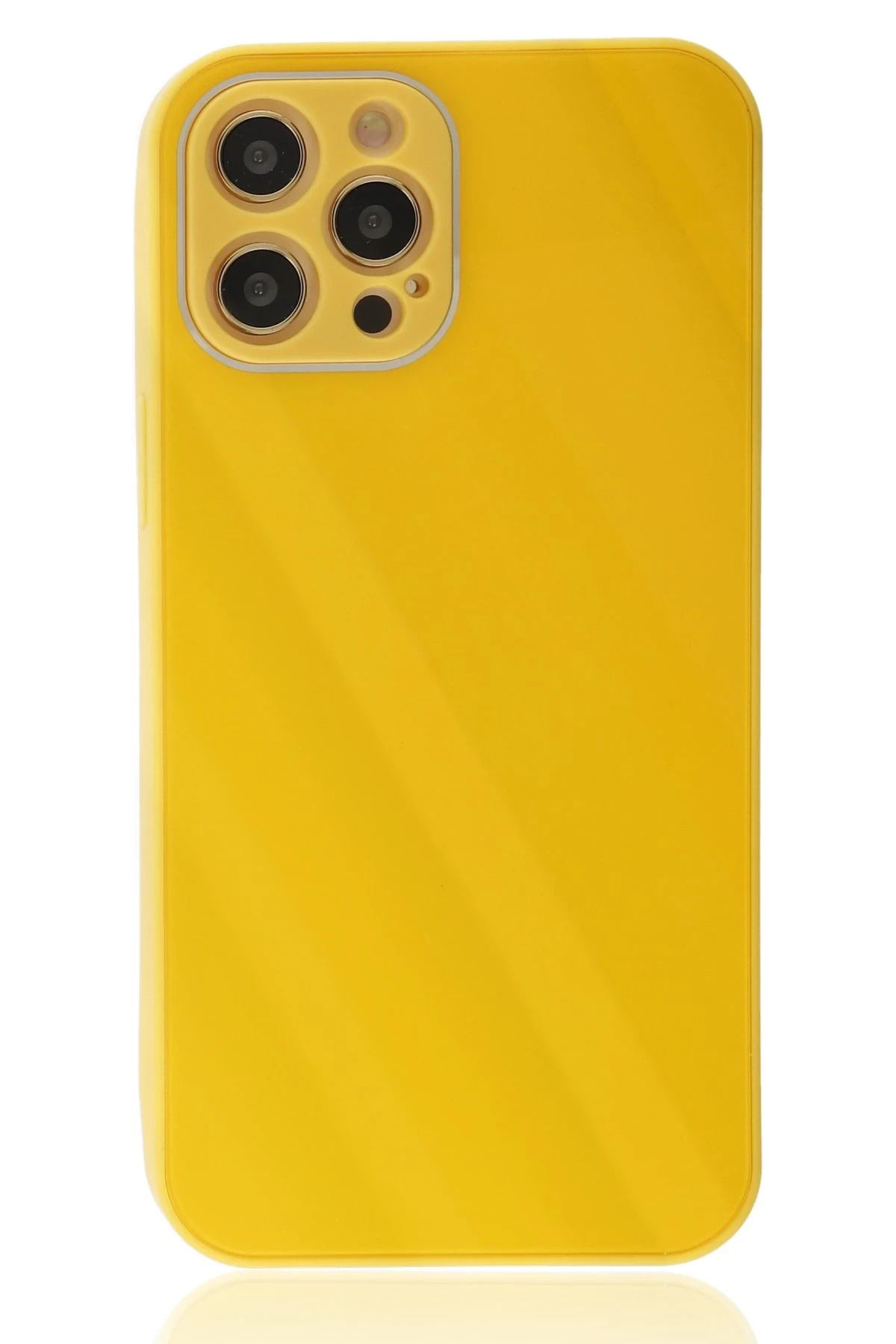 NewFace iPhone 12 Pro Max Kılıf Glass Kapak - Sarı LZWDR