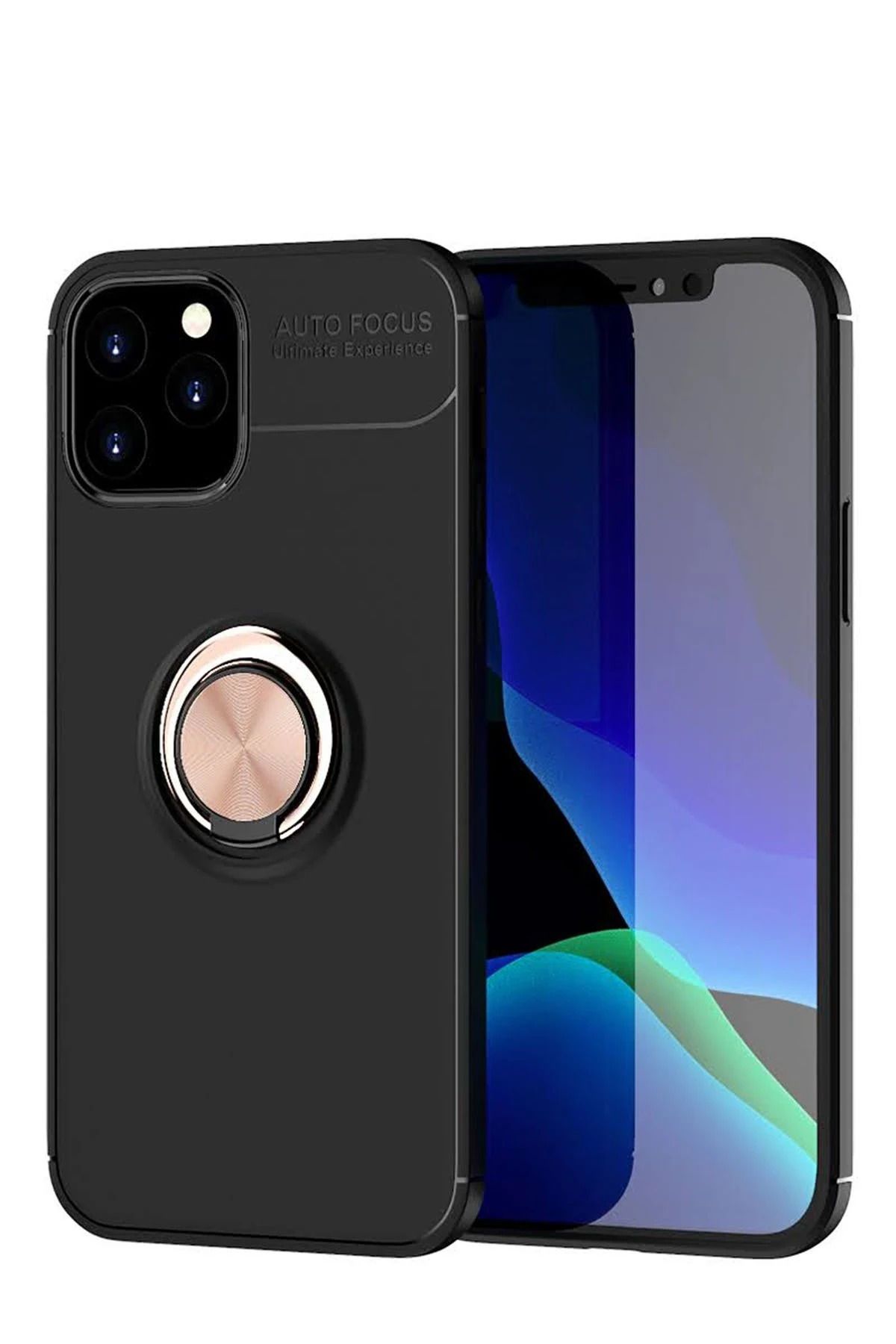 NewFace iPhone 12 Kılıf Range Yüzüklü Silikon - Siyah-Gold BSTMY