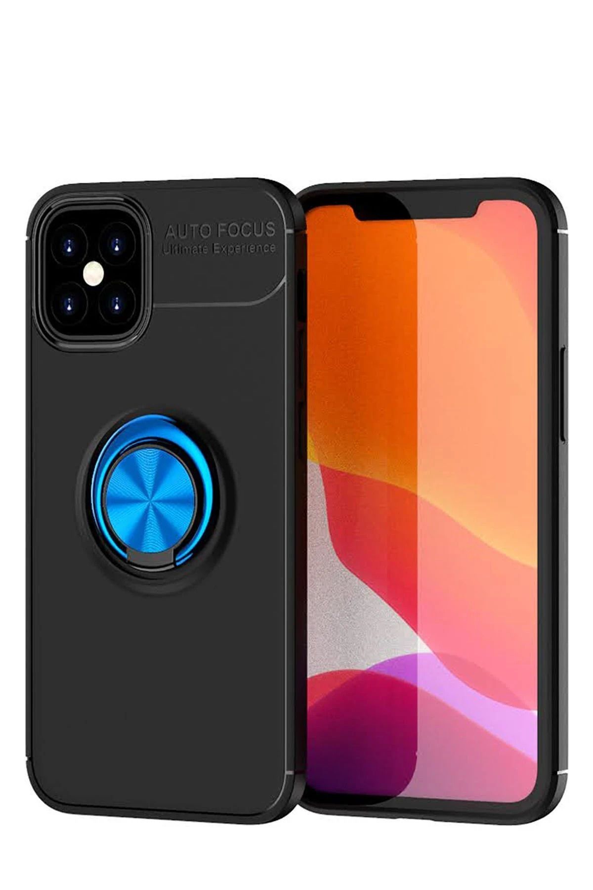 NewFace iPhone 12 Mini Kılıf Range Yüzüklü Silikon - Siyah-Mavi NRMSA