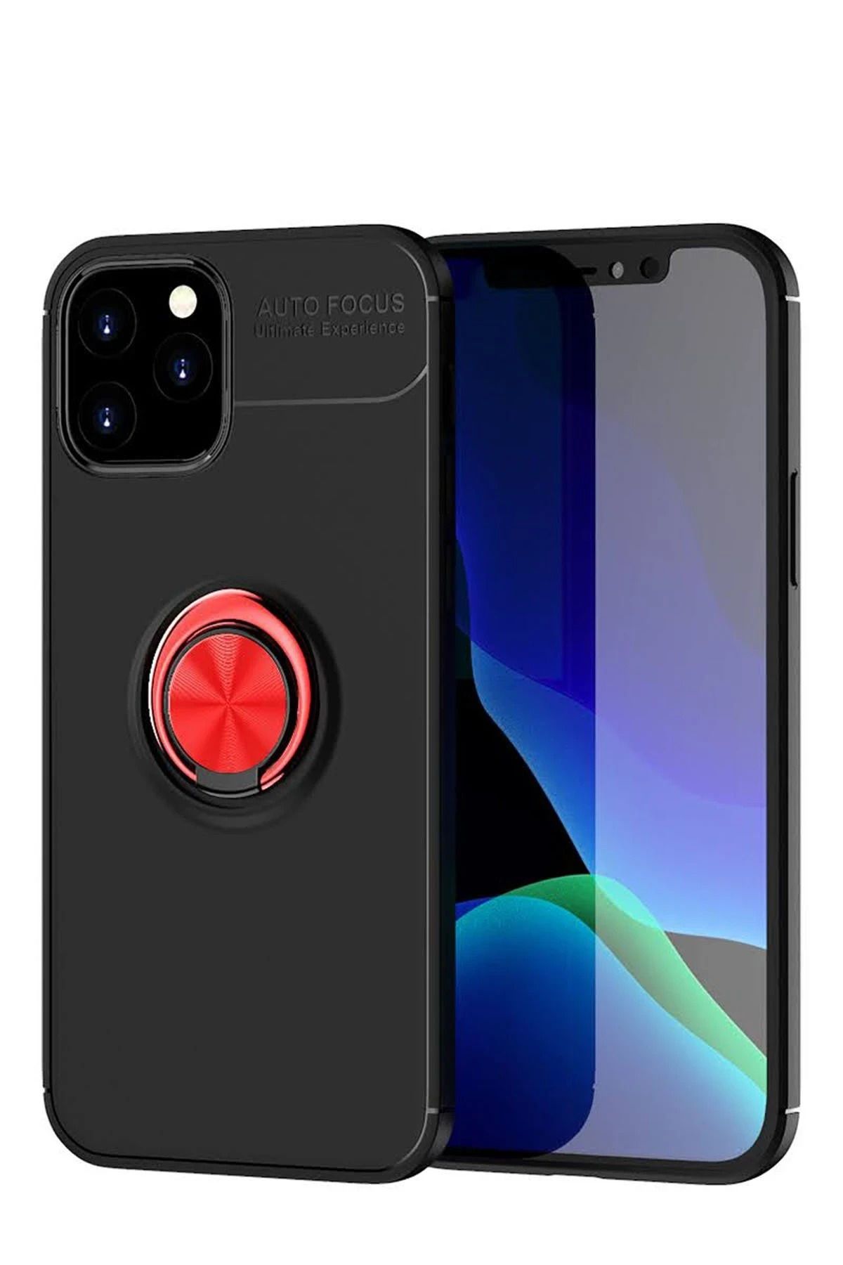 NewFace iPhone 12 Kılıf Range Yüzüklü Silikon - Siyah-Kırmızı JOJUA