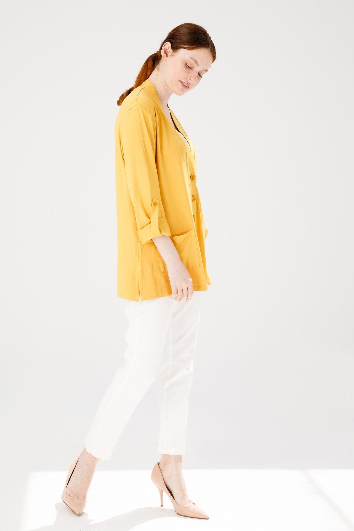 Desen Triko-Women's V-Neck Long Sleeve Pocket Buttoned Combed Cotton Jacket Mustard 3