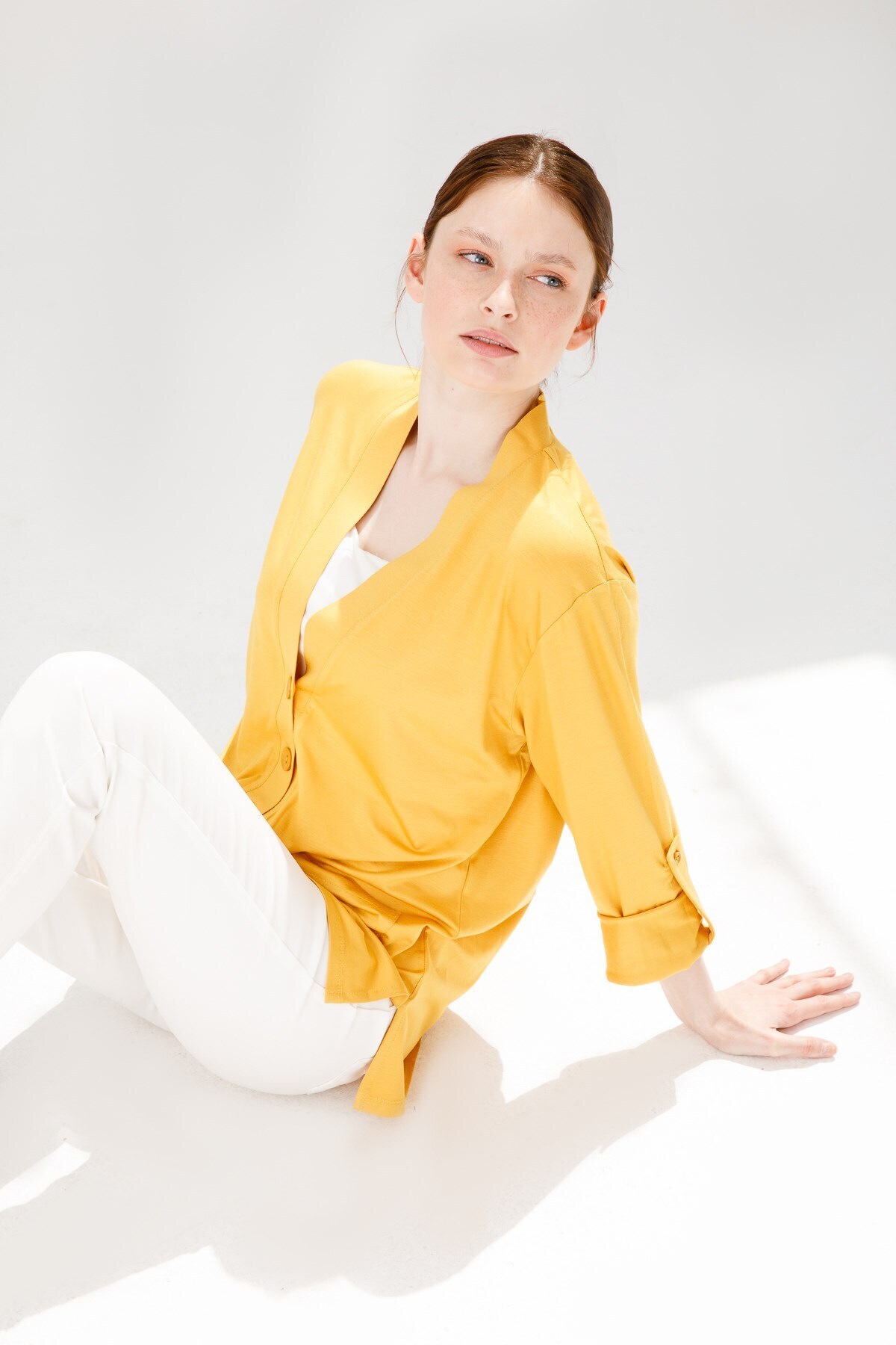 Desen Triko-Women's V-Neck Long Sleeve Pocket Buttoned Combed Cotton Jacket Mustard 7