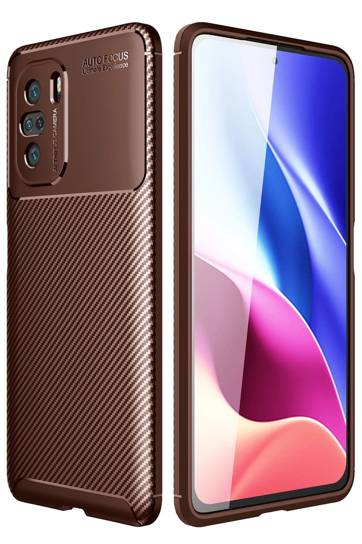 NewFace Xiaomi Poco F3 Kılıf Auto Focus Karbon Kapak - Kahverengi JOJUA