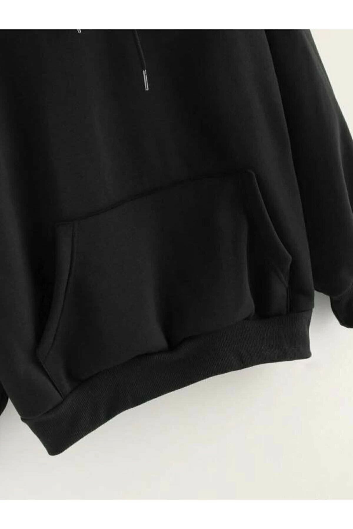 Syndra Blackjackgiyim Unisex Düz Siyah Kapşonlu Sweatshirt