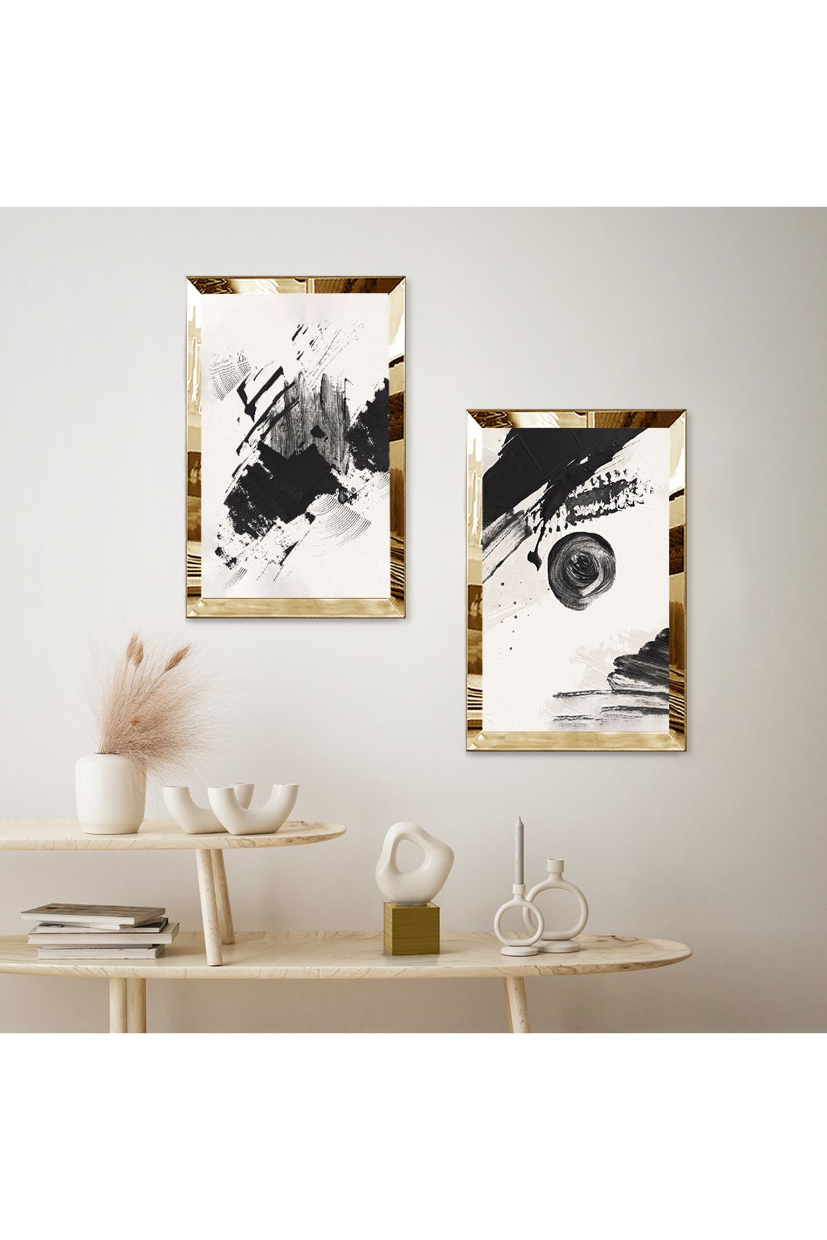 Zevahir Mobilya Dekorasyon-Gold Mirrored Plexi Frame with White Background Black Brush Stains Double Mdf Table Set 2