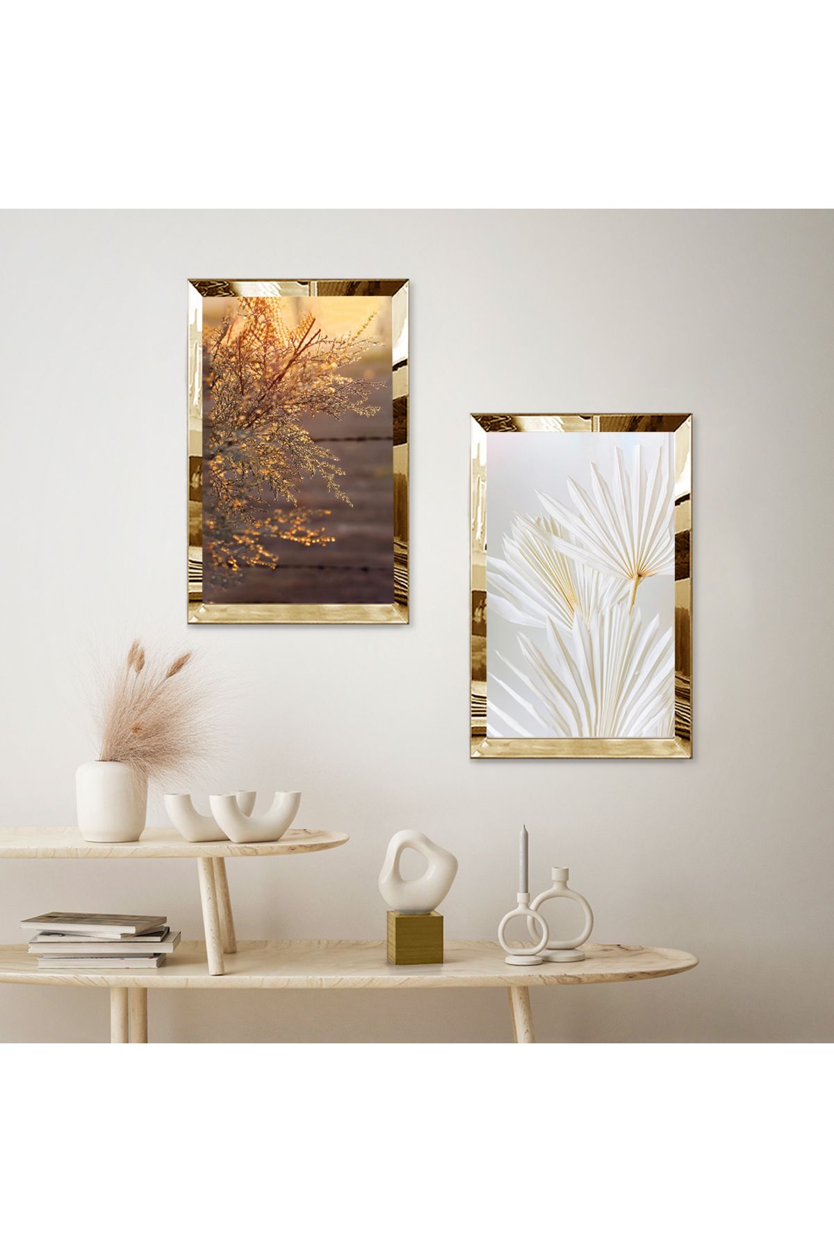 Zevahir Mobilya Dekorasyon-Gold Mirrored Plexi Frame Abstract Flowers Double Mdf Table Set 2