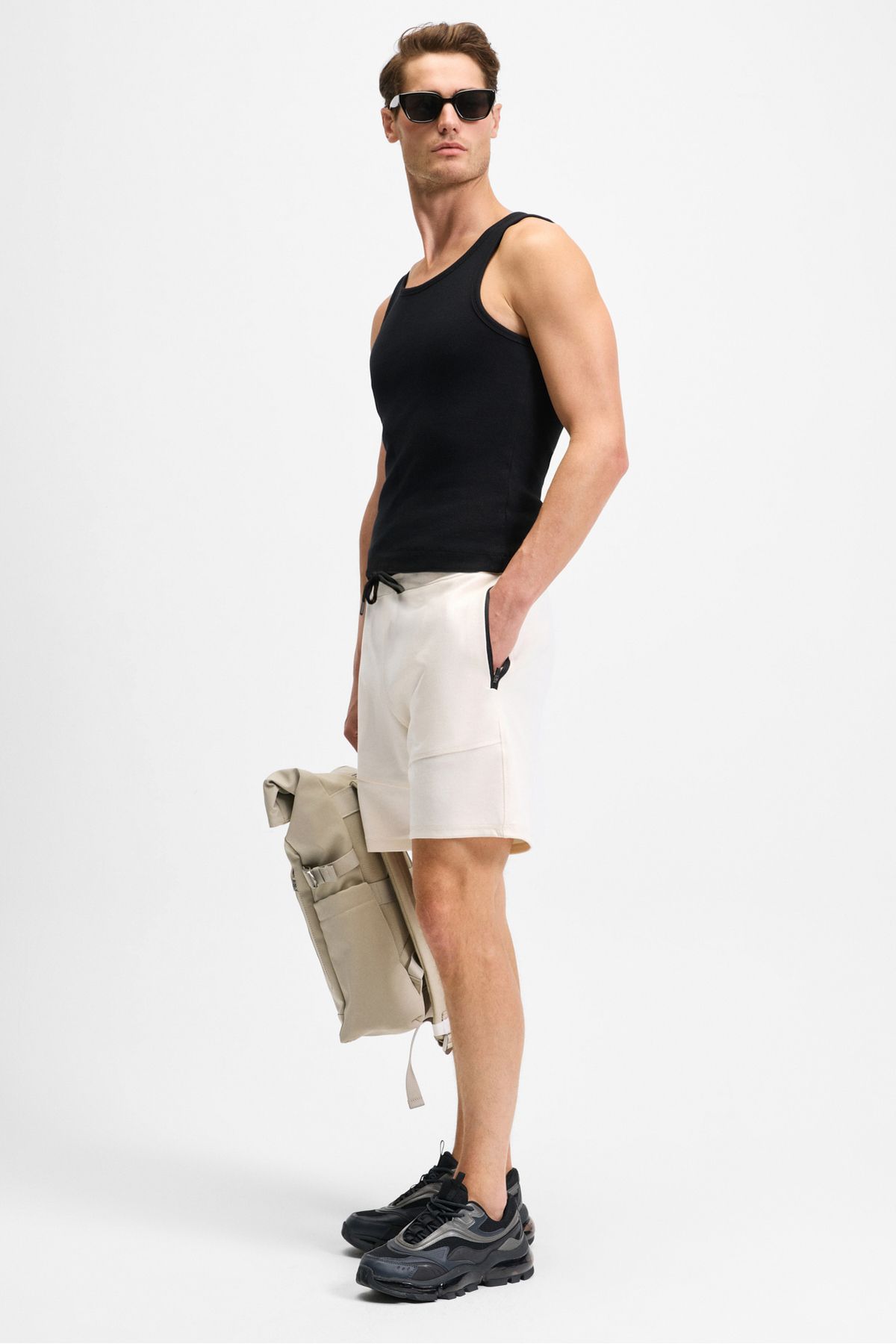 GRIMELANGE-Relaxed Fit Ecru Shorts for Men with Bermuda Corded Side Zipper Pockets 6