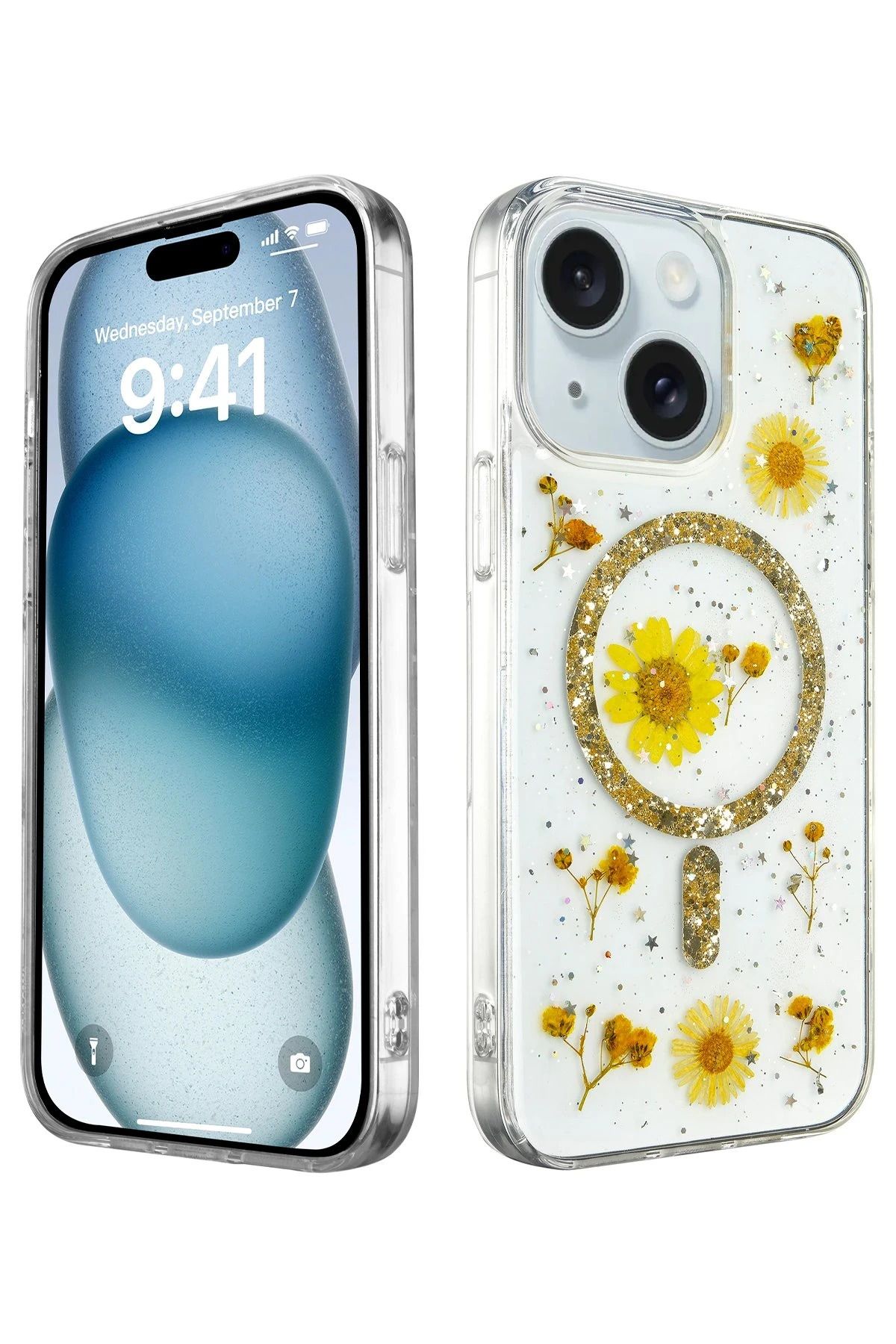 NewFace iPhone 14 Kılıf Daisy Simli Magsafe Kapak - Gold HNZRN
