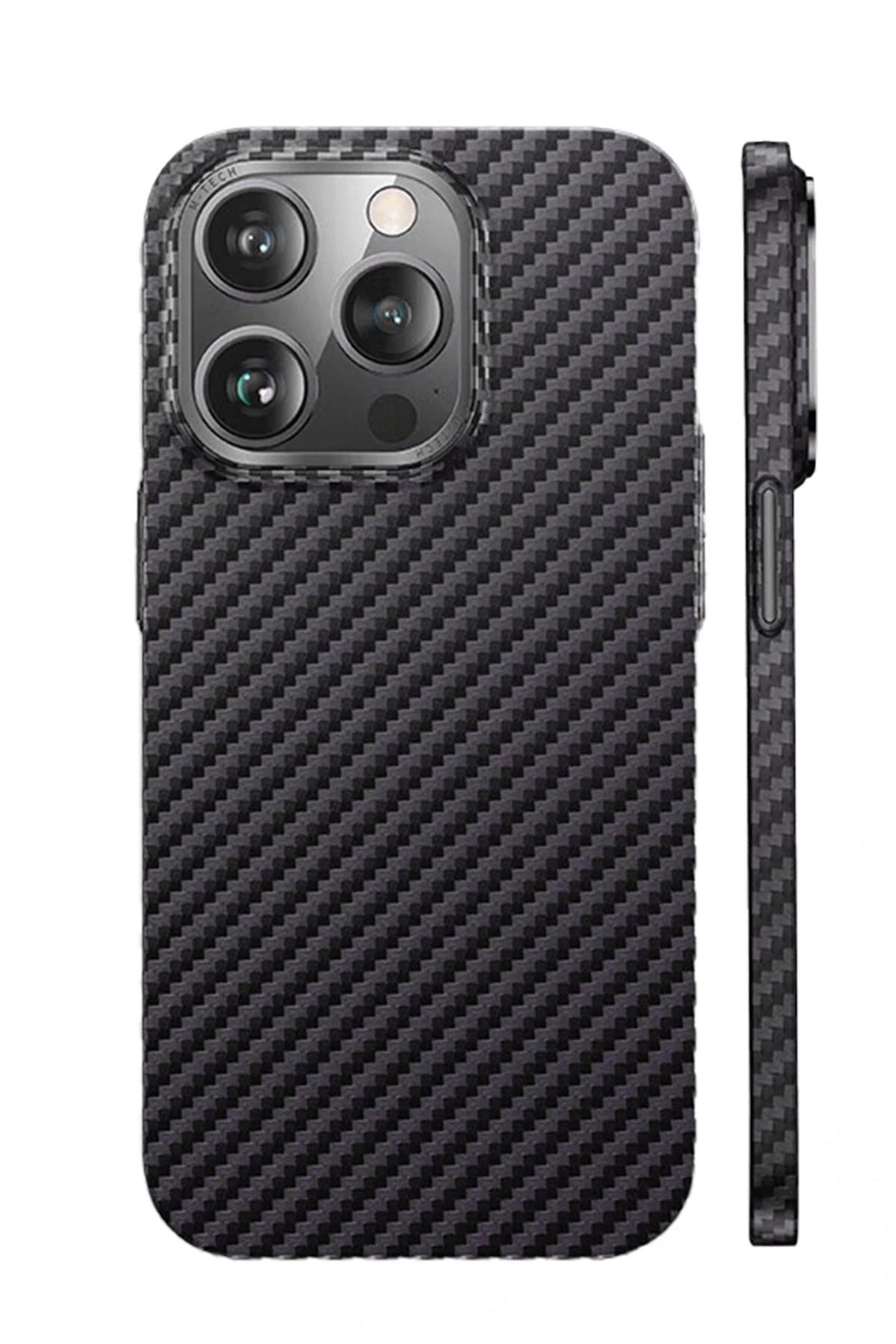 NewFace iPhone 14 Pro Kılıf Metalik Karbon Kapak - Siyah BSTMY