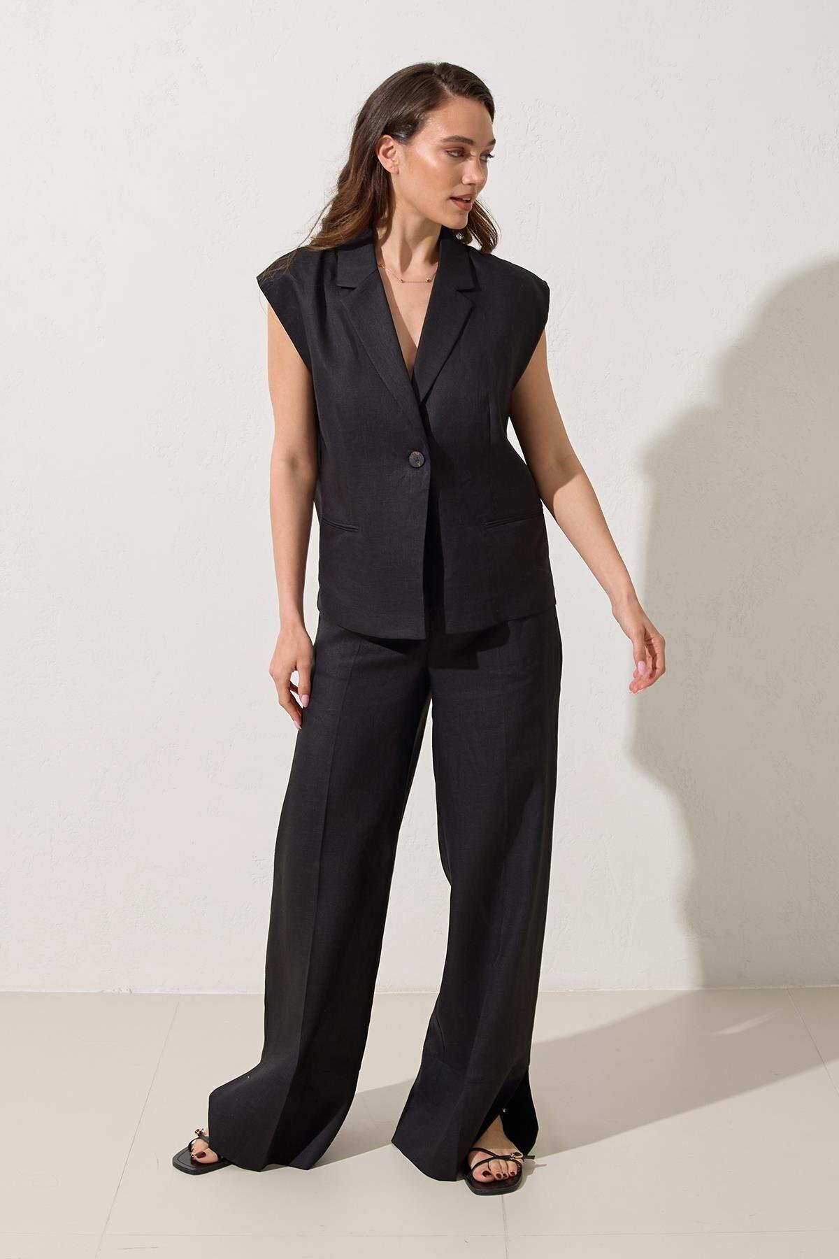 Setre-Black 100% Linen Single Button Detail Sleeveless Vest Relaxed Cut Pants Suit 3