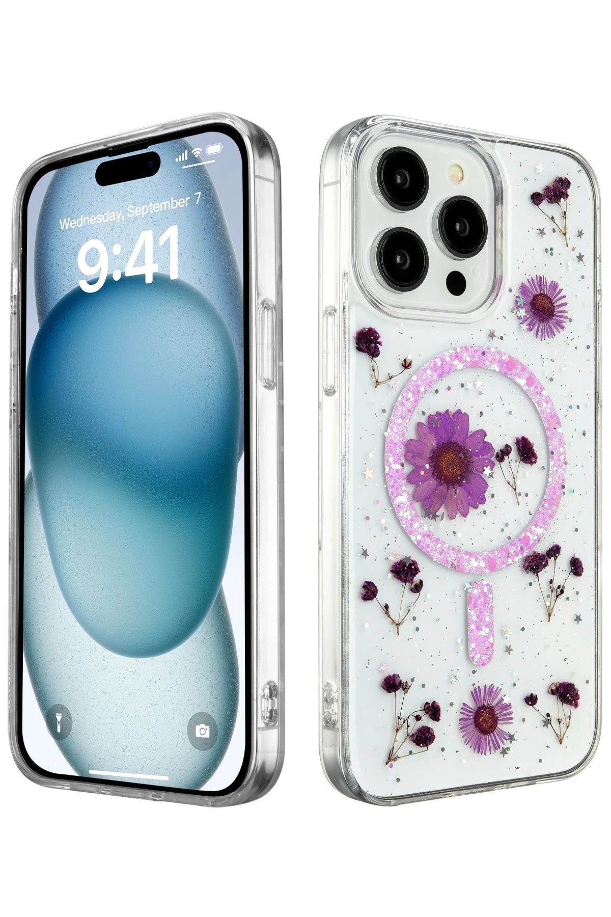 NewFace iPhone 14 Pro Max Kılıf Daisy Simli Magsafe Kapak - Mor FERRG