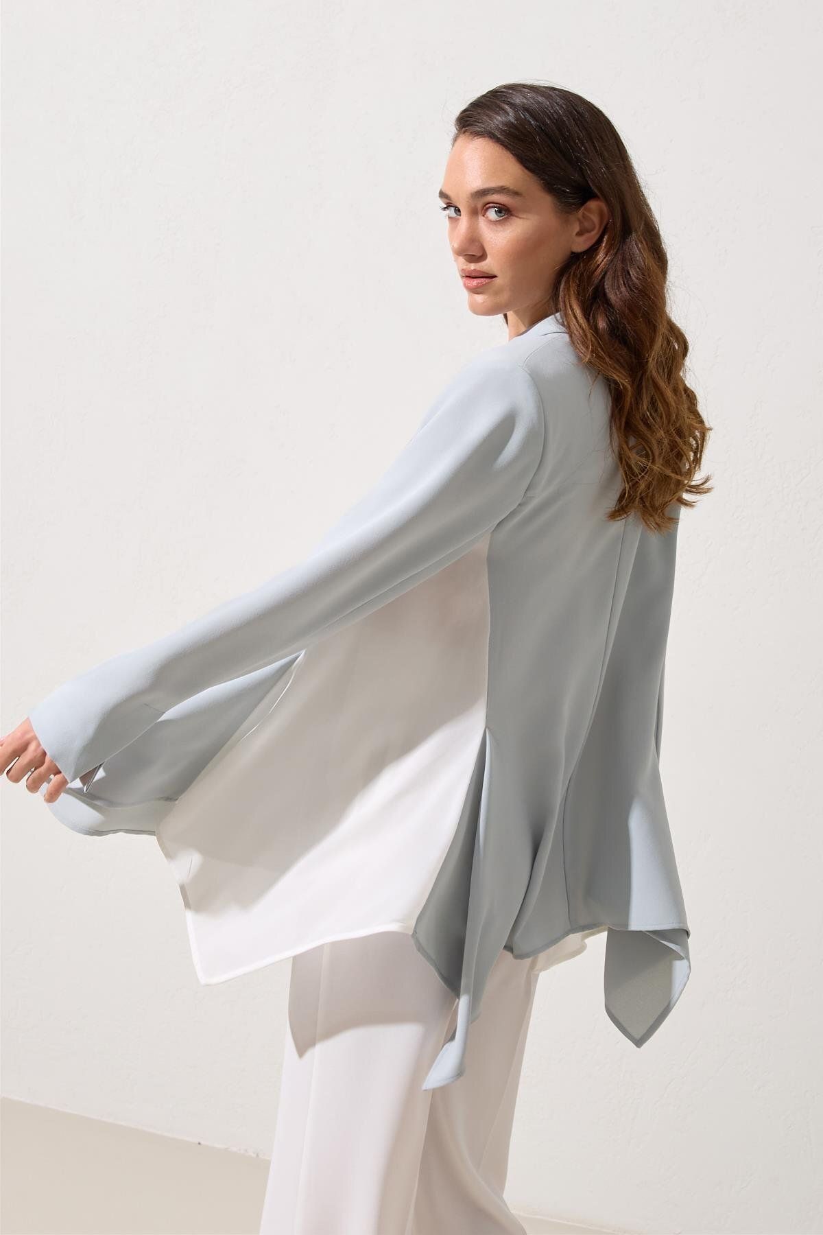 Setre-Hazy Green Single Button Detailed Asymmetric Wide Cut Jacket 3
