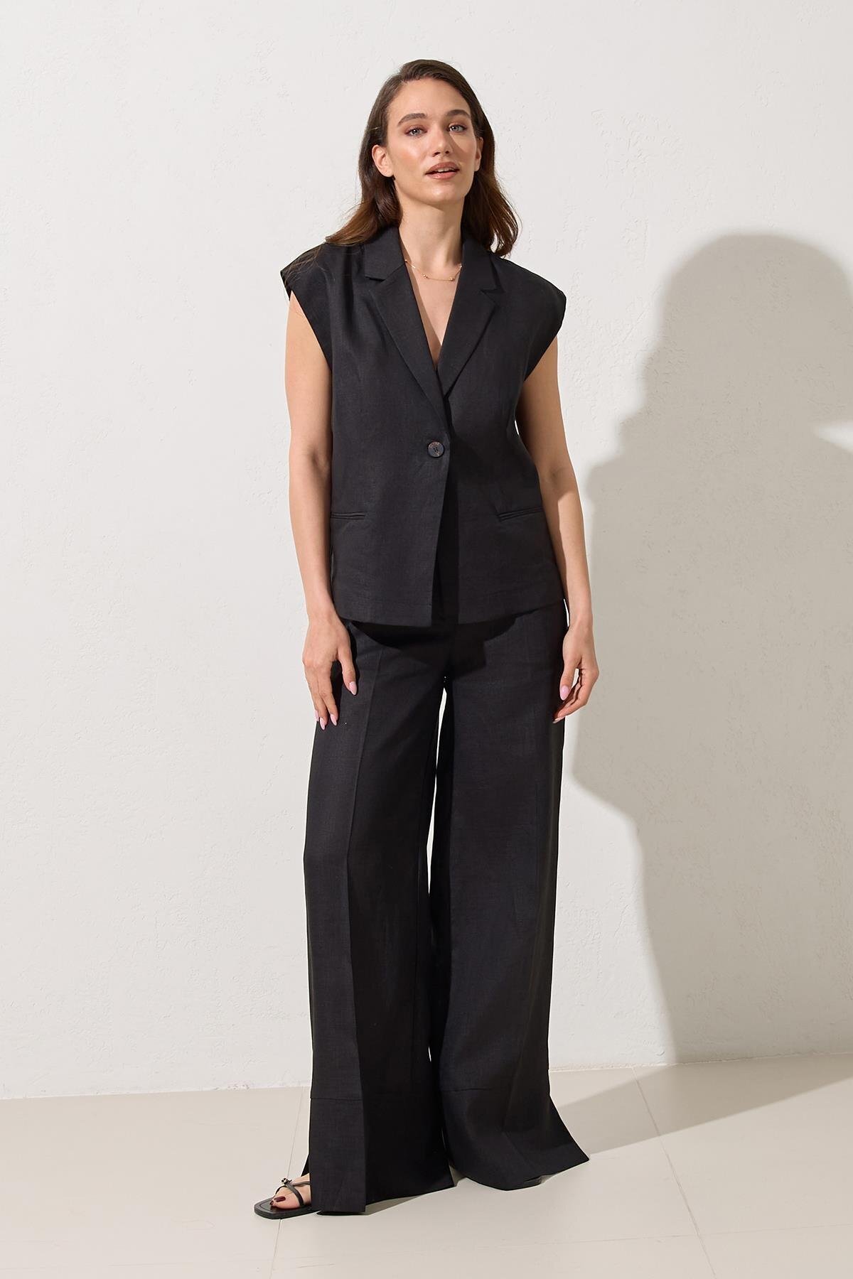 Setre-Black 100% Linen Single Button Detail Sleeveless Vest Relaxed Cut Pants Suit 2