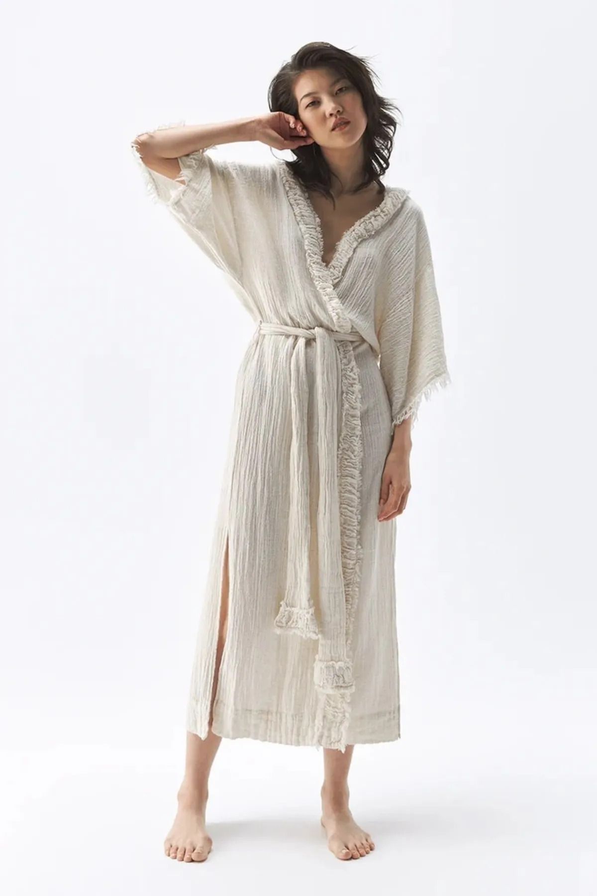 CAN ÇAPAR Yumuşak Kumaş İki Yan Yırtmaçlı Bürümcük Kimono