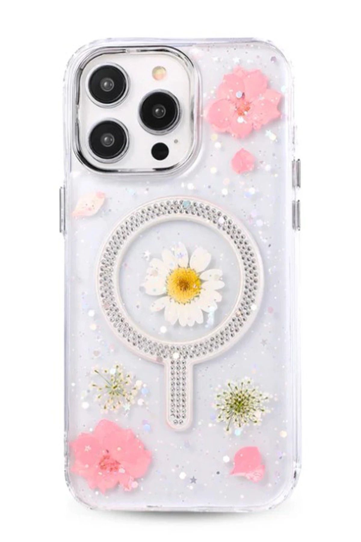 NewFace iPhone 15 Pro Flower Magsafe Kapak - Pembe HNZRN