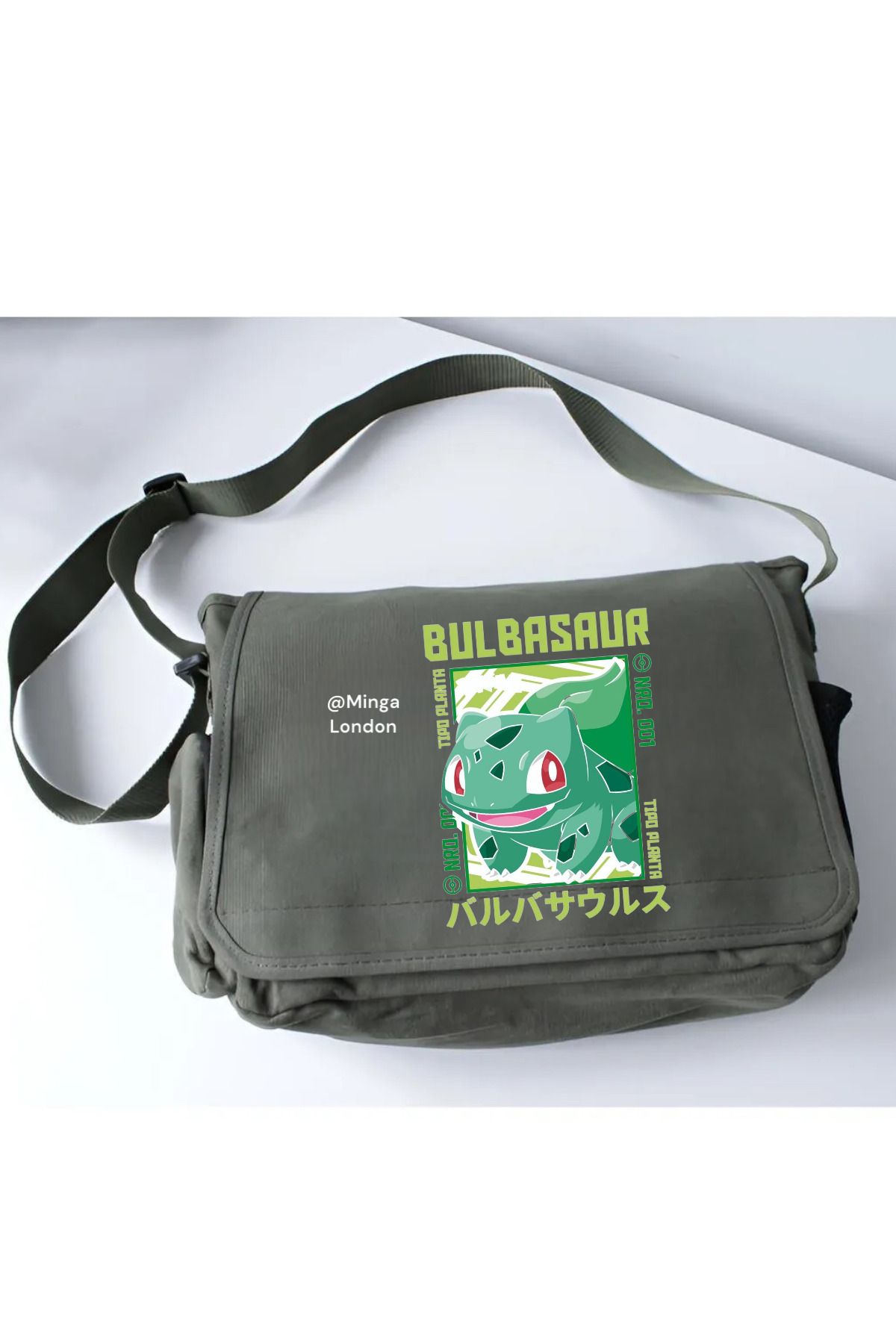 Minga London Haki Pokemon Bulbasaur Okul, Kurs, Dershane Postacı Çantası -Minga London