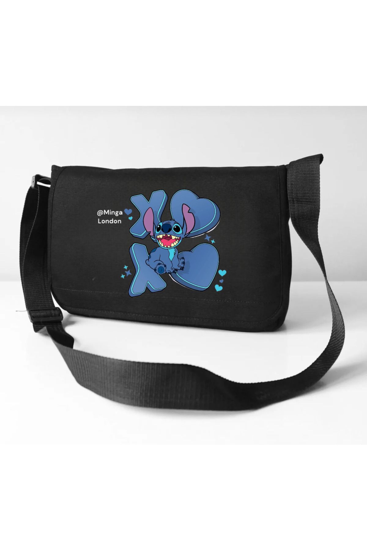 Minga London Siyah Stitch XO-XO Okul, Kurs, Dershane Postacı Çantası -Minga London