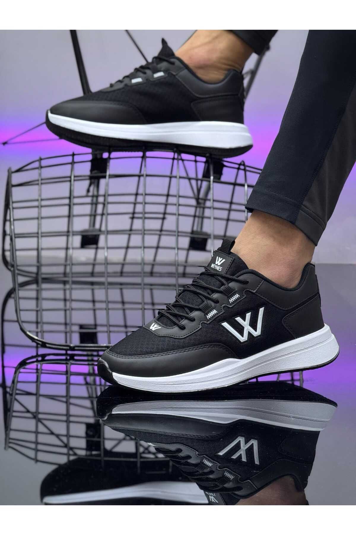 BİKAJOO Erkek Siyah Beyaz Bağcıklı Günlük Fileli Rahat Spor Ayakkabı Sneaker BKJ4028