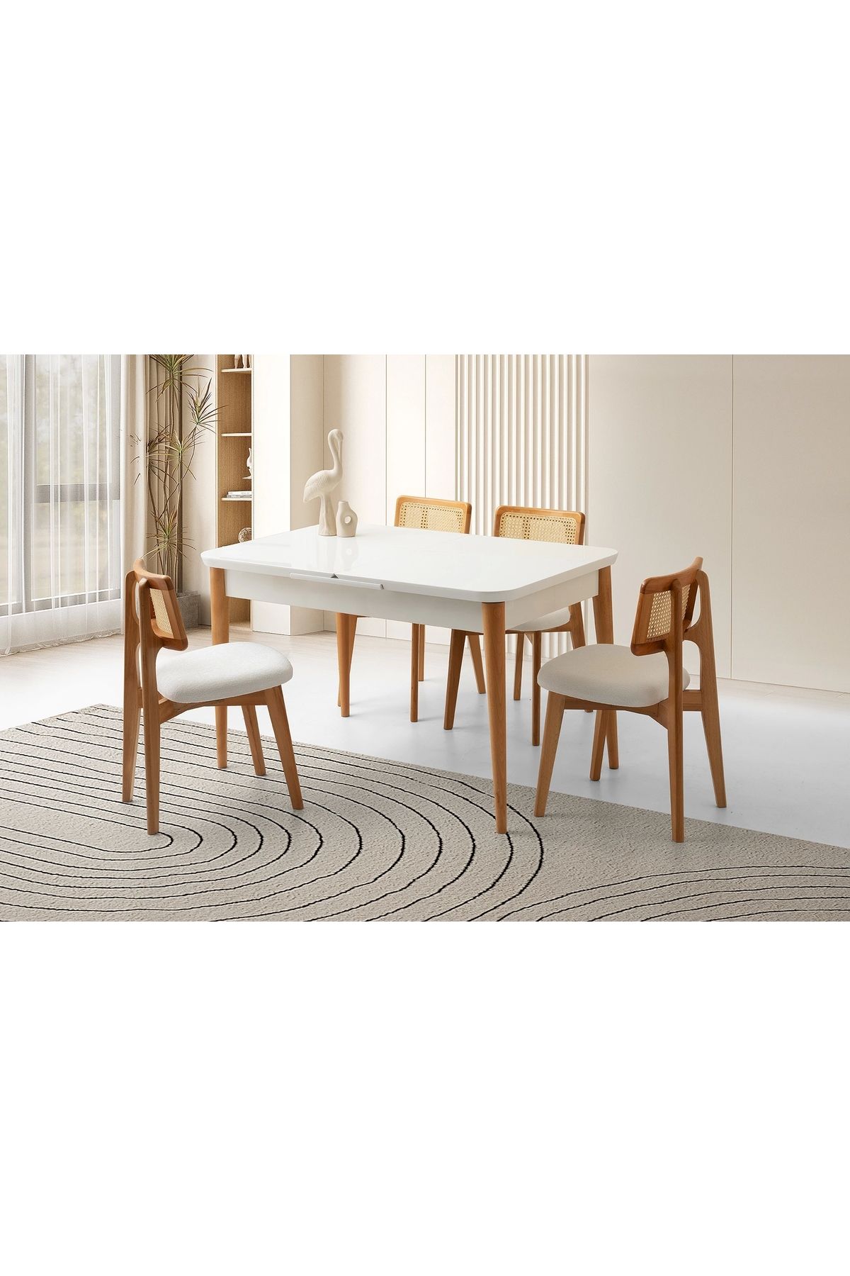 Evistro Ortadan Açılır Büyüyen 90x160cm Beyaz Ahşap Salon Yemek Masa Naturel Sandalye Takımı 4 Sandalyeli