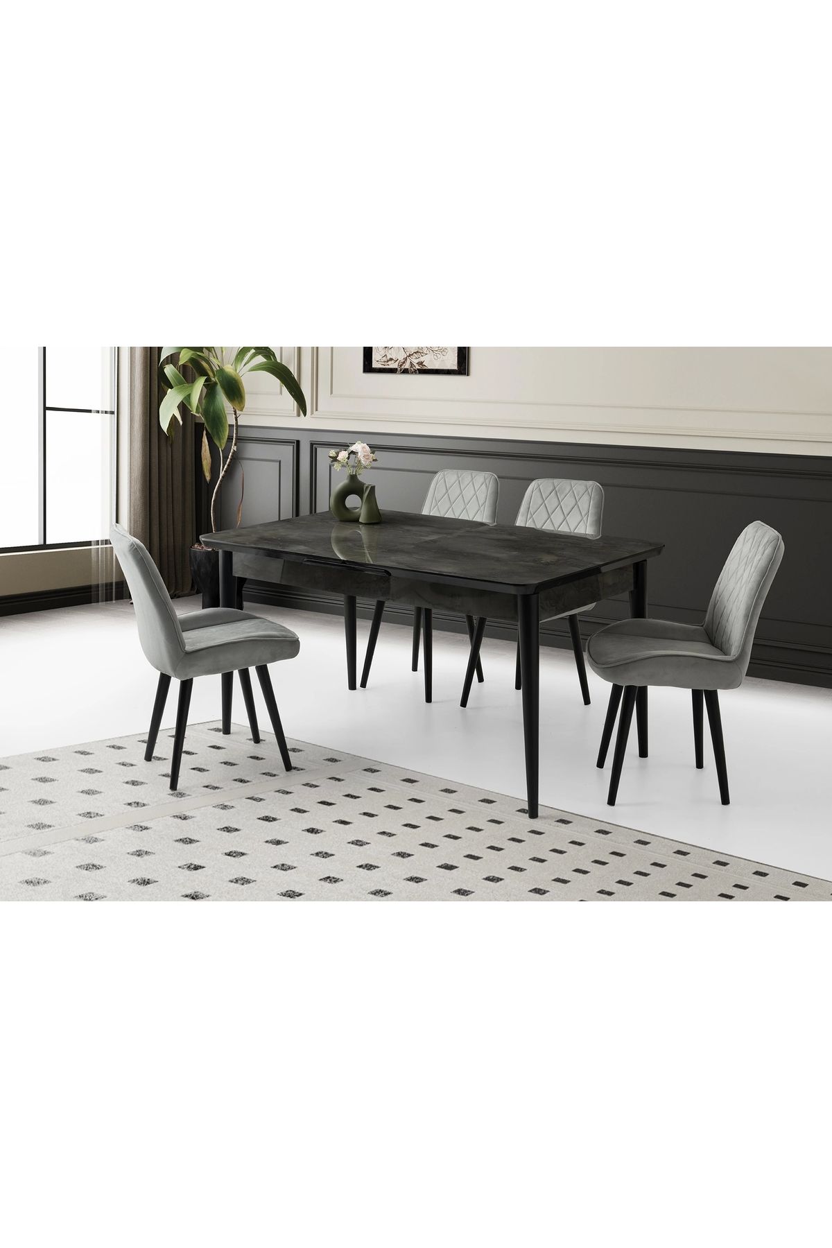 Evistro Ortadan Açılır Büyüyen 90x160cm Siyah Mermer Desen Ahşap Salon Yemek Masa Gri Fulya Sandalye Takımı
