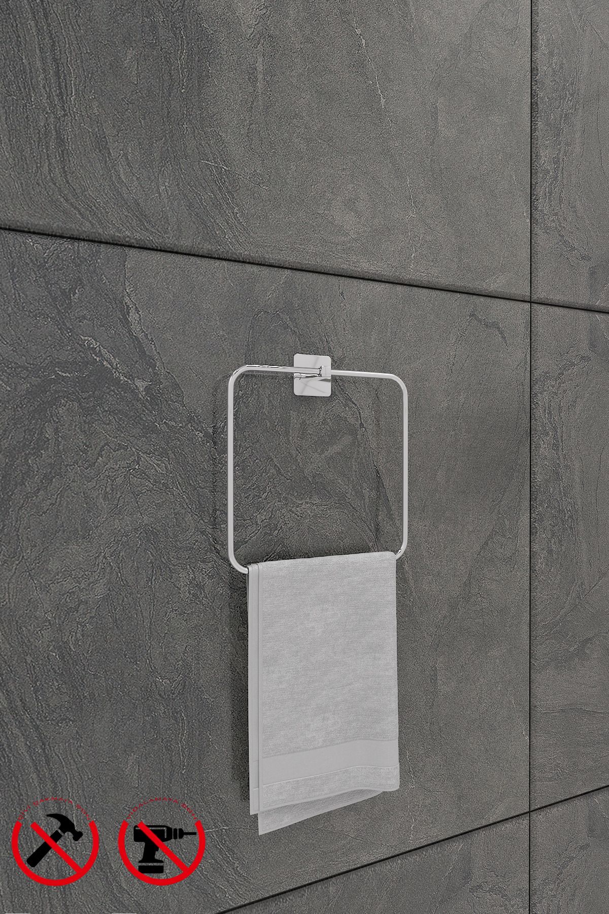 Alper Banyo-Σετ μπάνιου Scilla Square Chrome 3 τεμαχίων με αυτοκόλλητο |   Τετράγωνη θήκη για πετσέτες, Solo θήκη για πετσέτες, τετράγωνη κρεμάστρα για πετσέτες 3