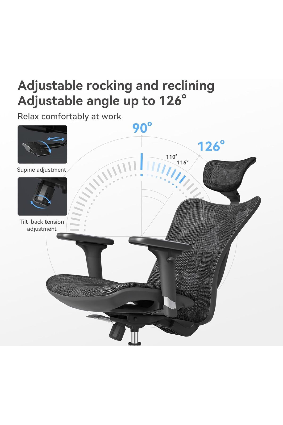 SIHOO-M57 Ergonomic Mesh Office Chair with Adjustable Headrest and Armrest, Black 6