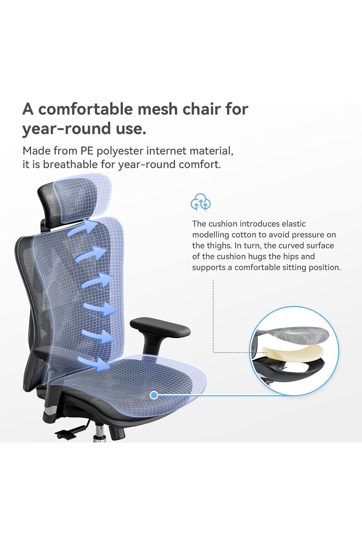 SIHOO-M57 Ergonomic Mesh Office Chair with Adjustable Headrest and Armrest, Black 7