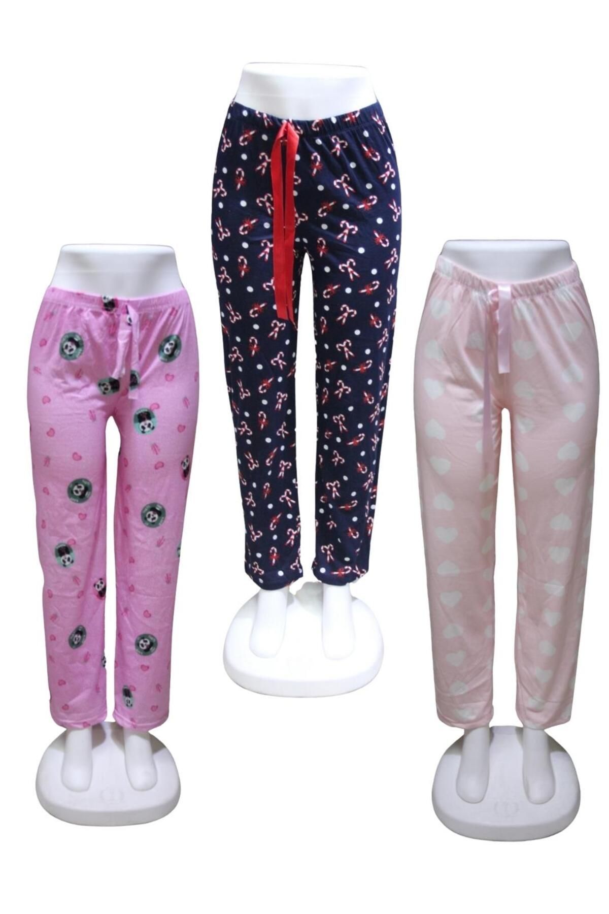 ZambakModa Likralı 3 lü Paket Kurdele Bel Detaylı Baskılı Cepsiz Kadın Pijama Altı1027