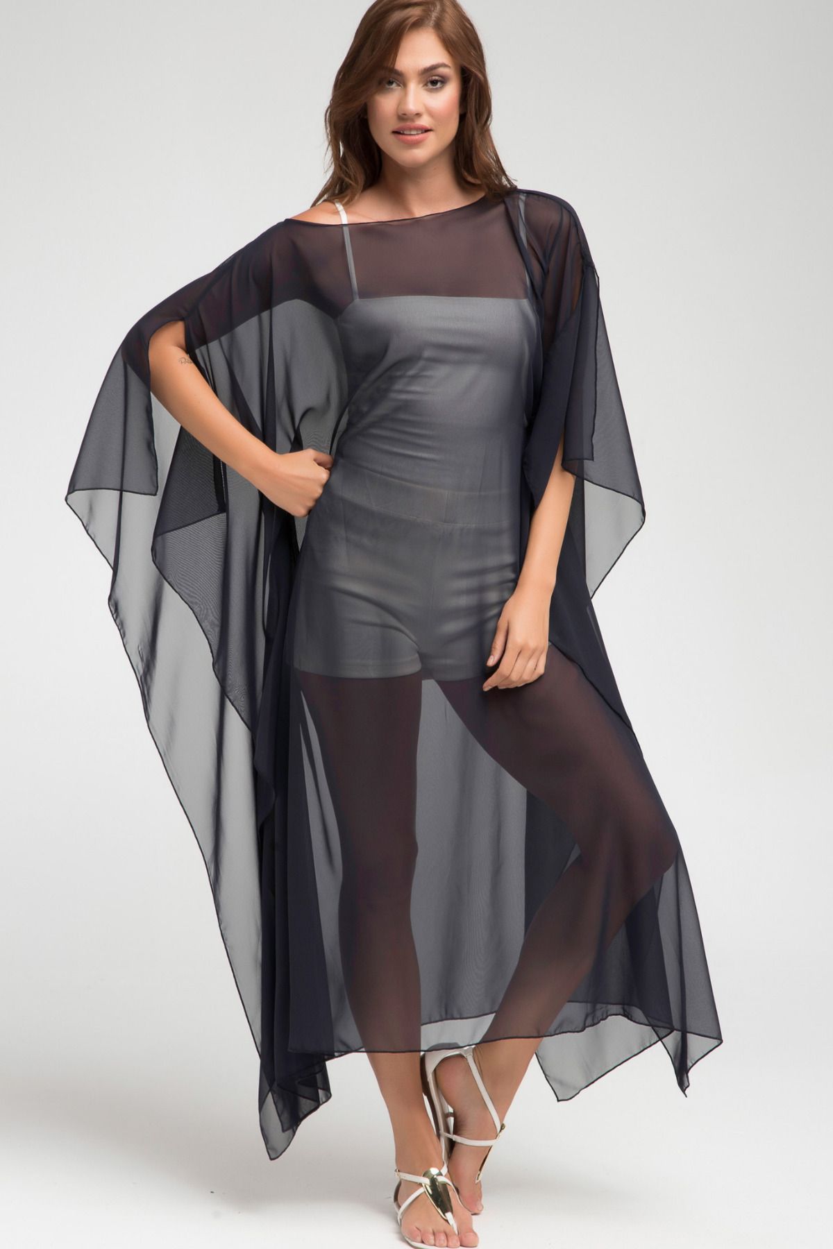 Laranor Siyah Şifon Yırtmaçlı Yarasa Kol Rahat Kesim Kimono Plaj Giyim 24l7566