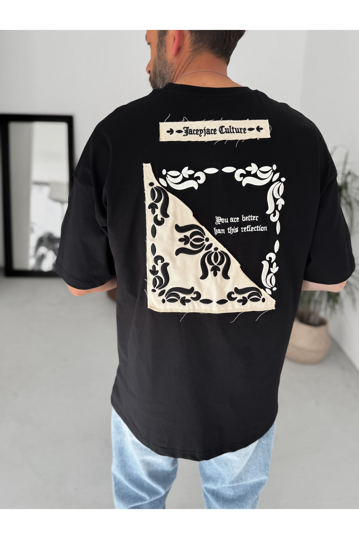 BYBASICMAN-Black Straw Patch Motif Oversize T-Shirt Jj-214 2