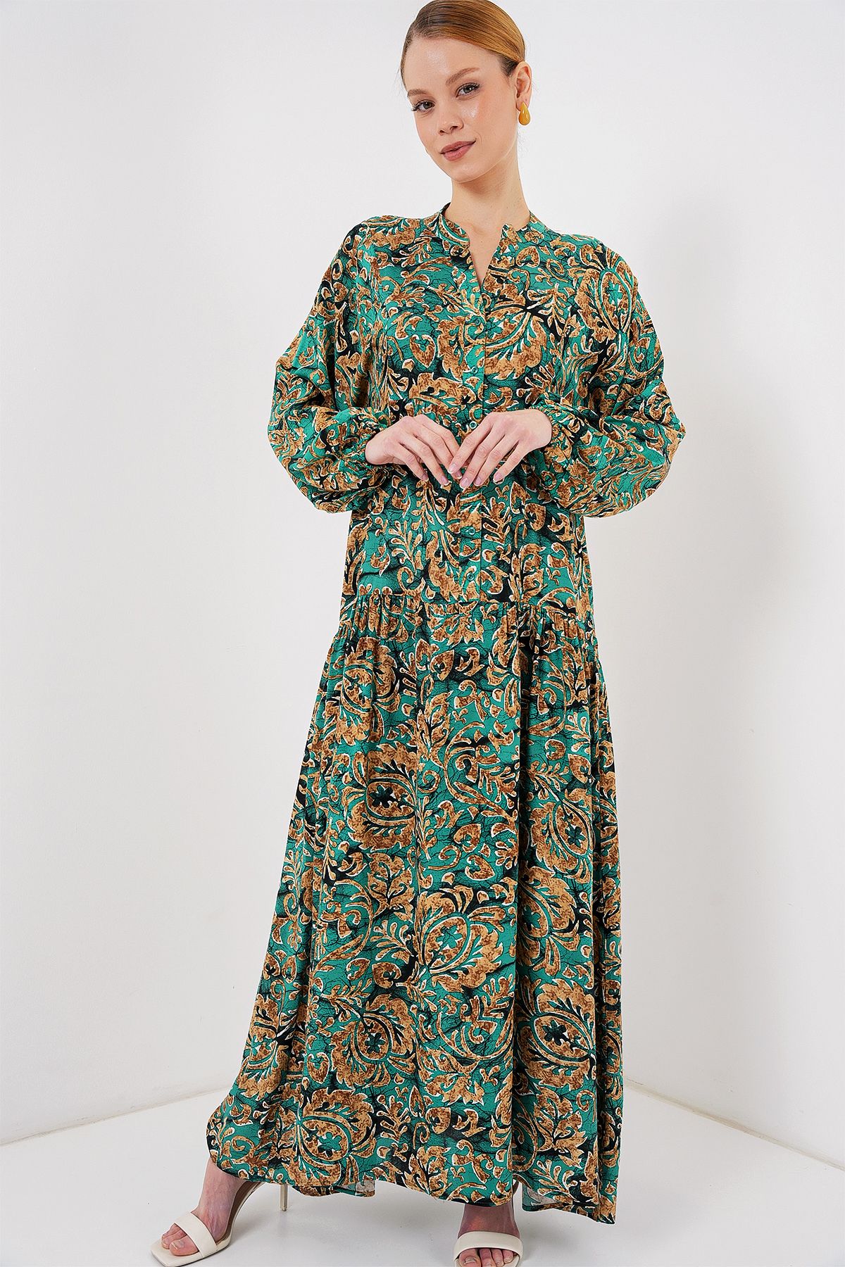 Bigdart-2423 Authentic Patterned Hijab Dress - Y. Aqua Green 3