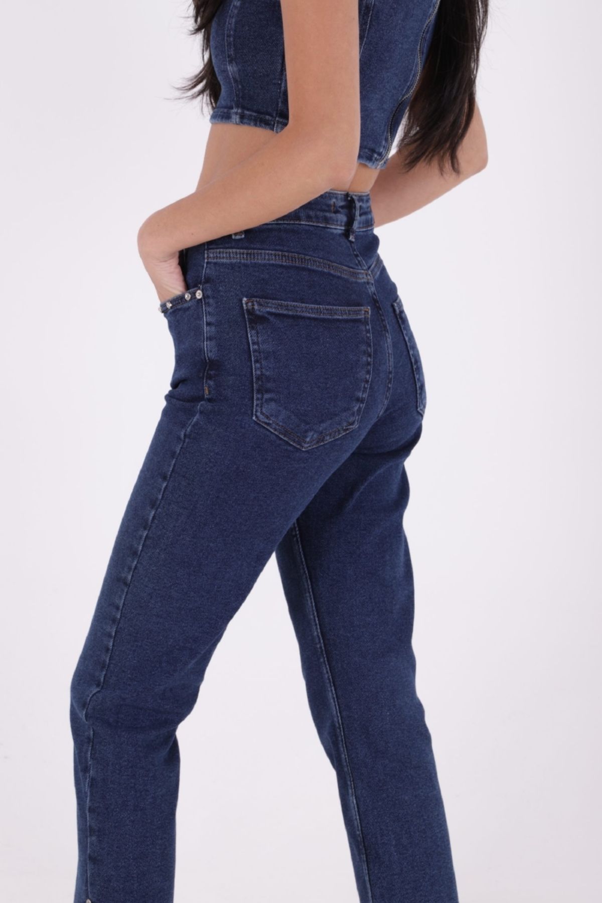 RICHMOST-High Waisted Mom Fit Women's Jean Jeans with Rhinestones at the Legs and Slit Pockets Straight Dark Rins Denim 3