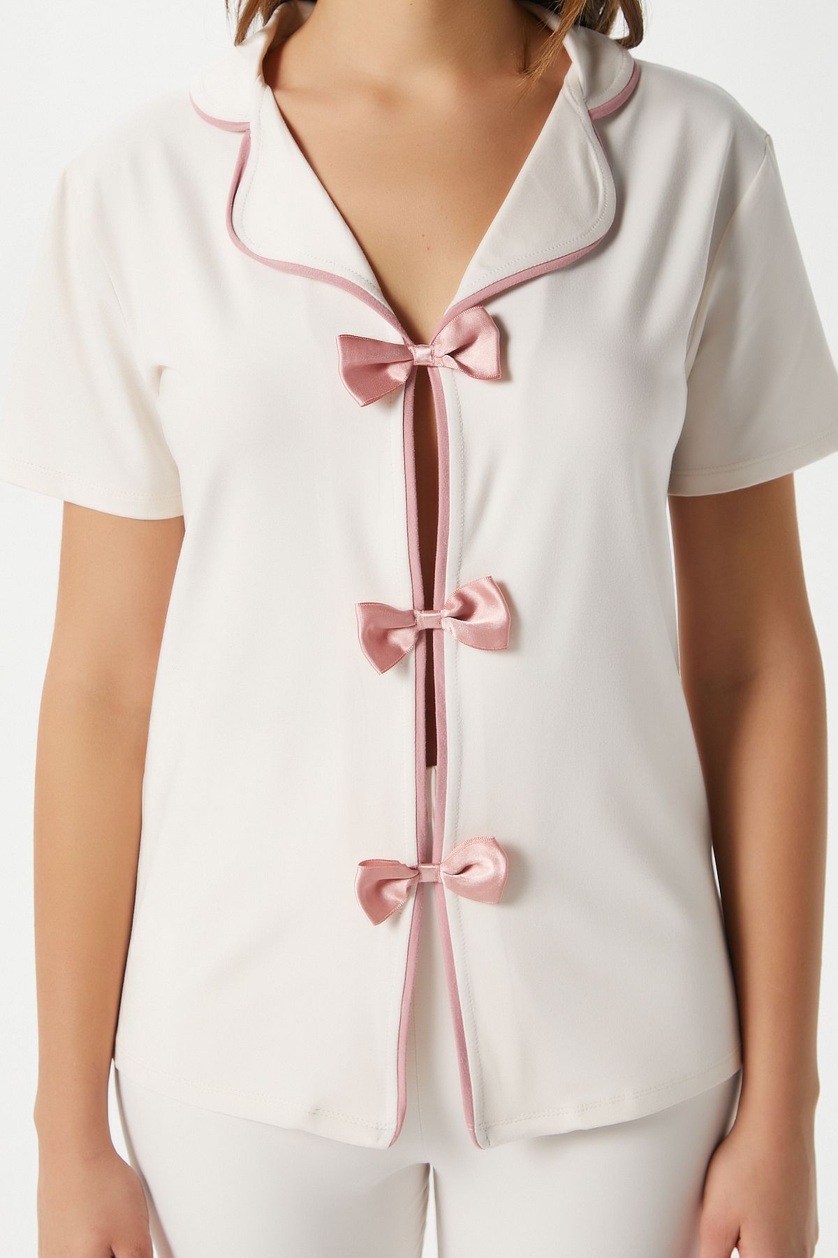Ritnice-Set de pijamale pentru femei Julia Ecru Bow Bottom Top 4