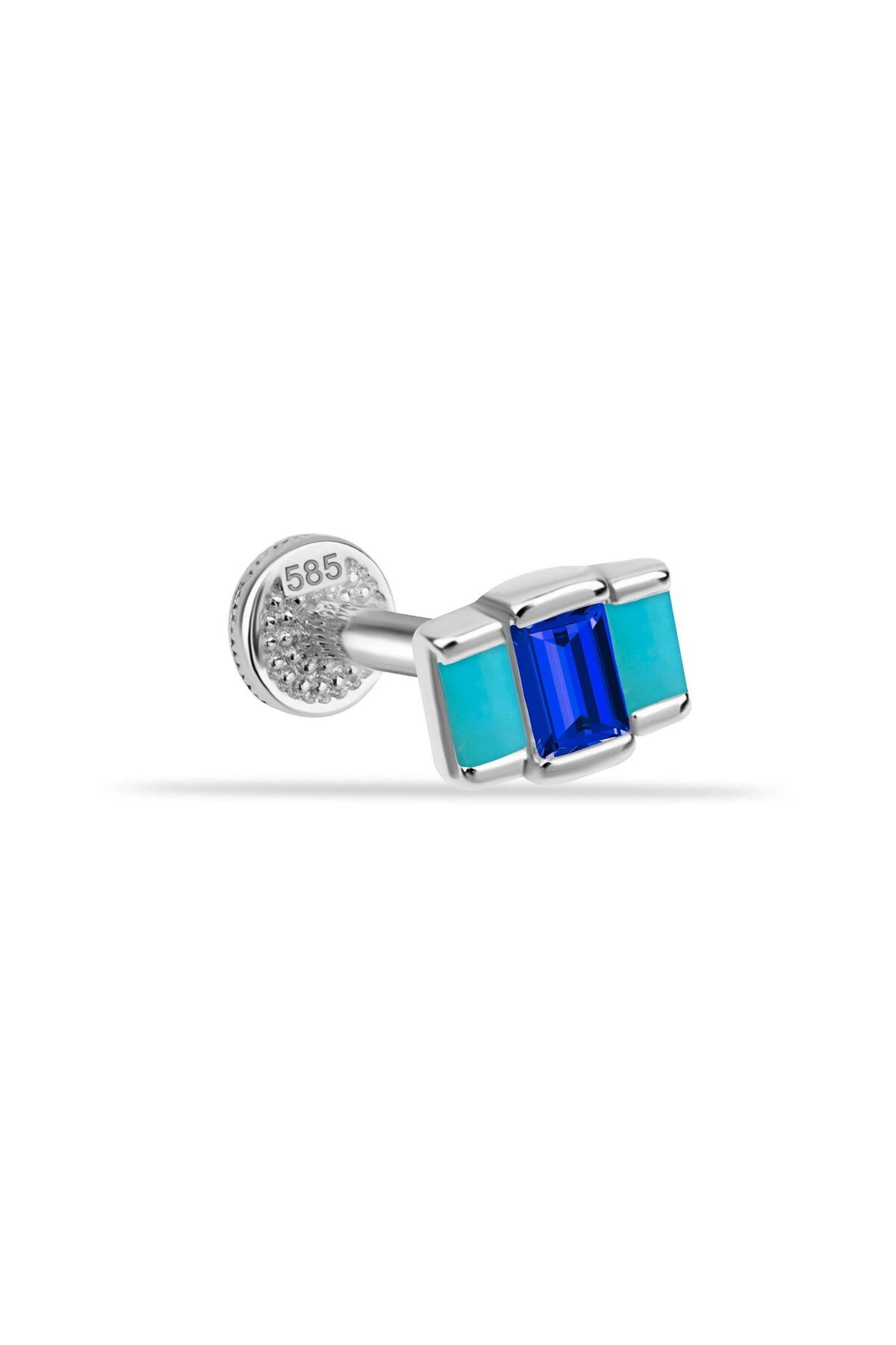 Dianora Piercing 14 Ayar Altın 3 Baget Firuze Rengi ve Lacivert Taşlı Göz Minimal Tragus Piercing
