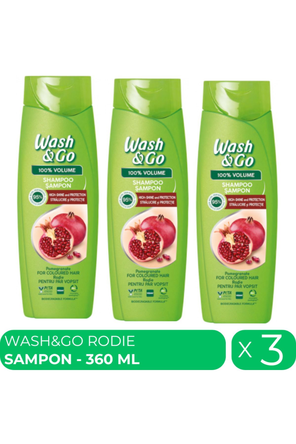 WASH&GO , Sampon Cu Extract De Rodie Pentru Par Vopsit, 3 Buc X 360 Ml Femeie - One Size