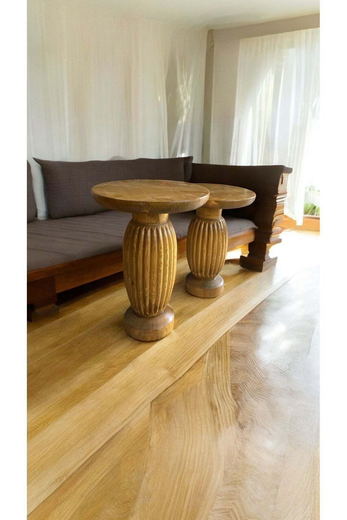 Simillo Home&Living Wood Ahşap 2'li Set Mantar Yan Sehpa Modern Fiskos / Tütün Renk / Zigon Sehpa Vernikli