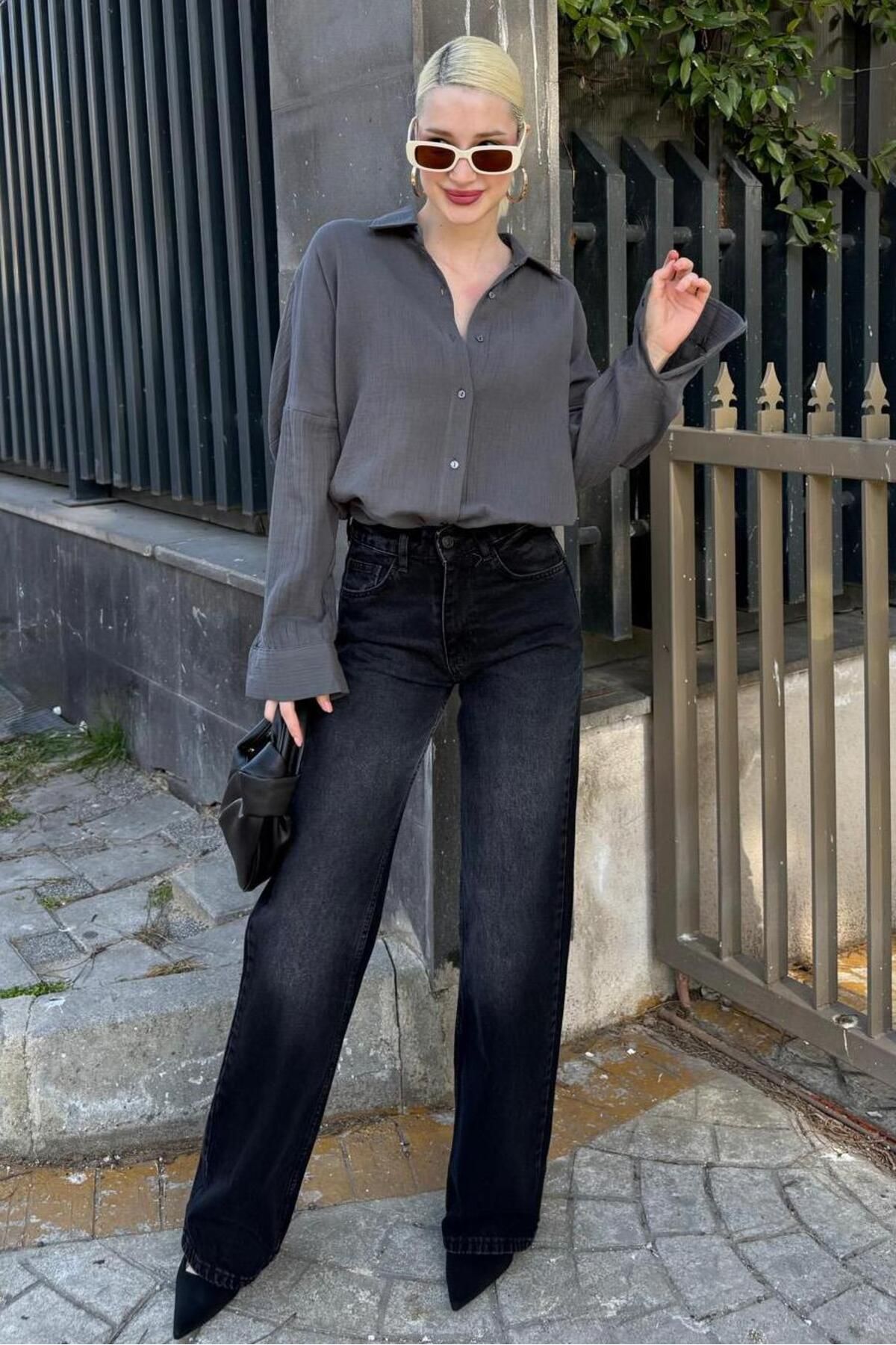 Madmext-Anthracite Muslin Fabric Basic Women's Shirt Mg1660 4
