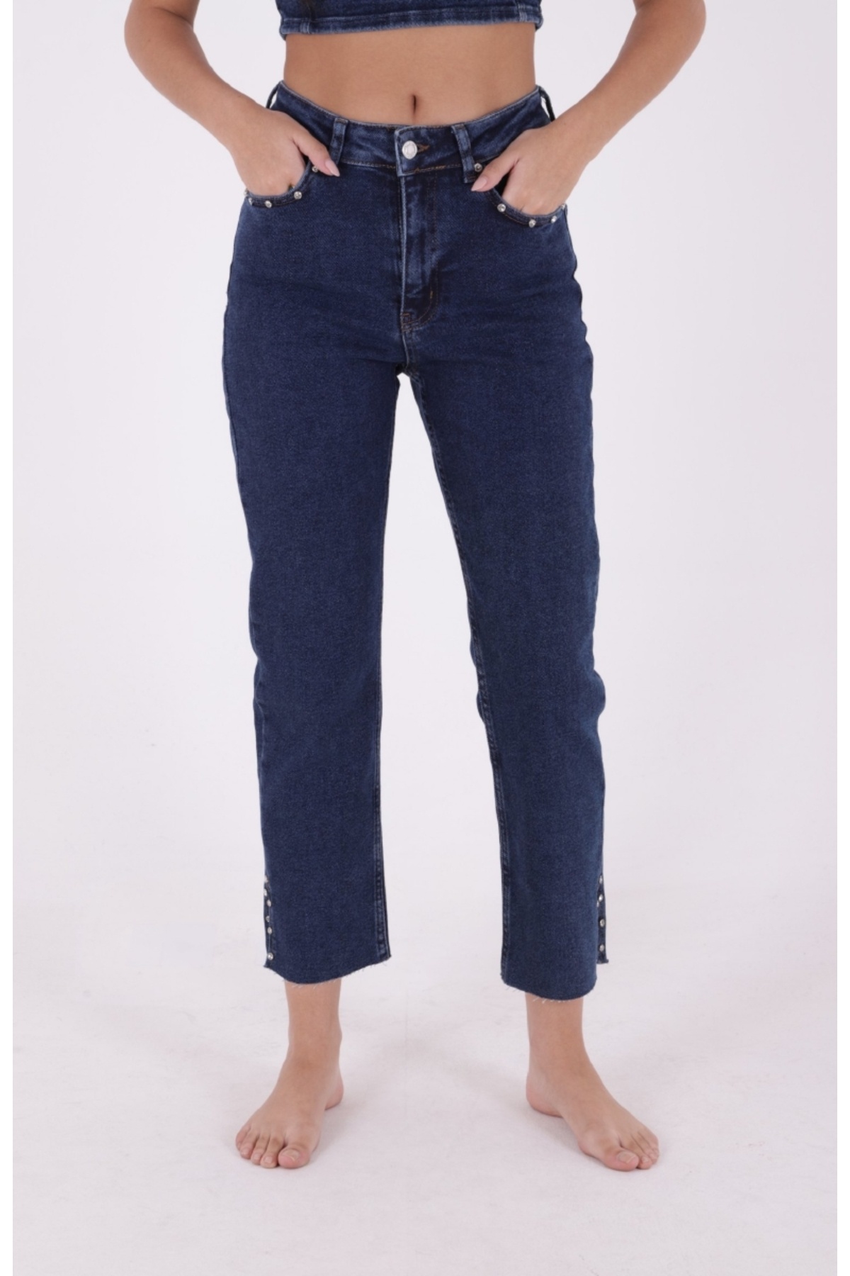 RICHMOST-High Waisted Mom Fit Women's Jean Jeans with Rhinestones at the Legs and Slit Pockets Straight Dark Rins Denim 2