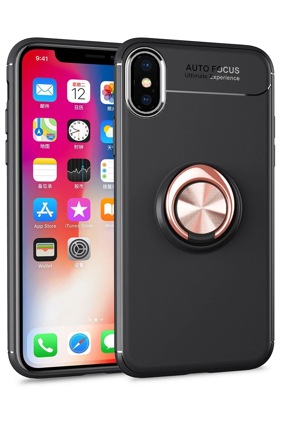NewFace iPhone XS Kılıf Range Yüzüklü Silikon - Siyah-Gold LZWDR