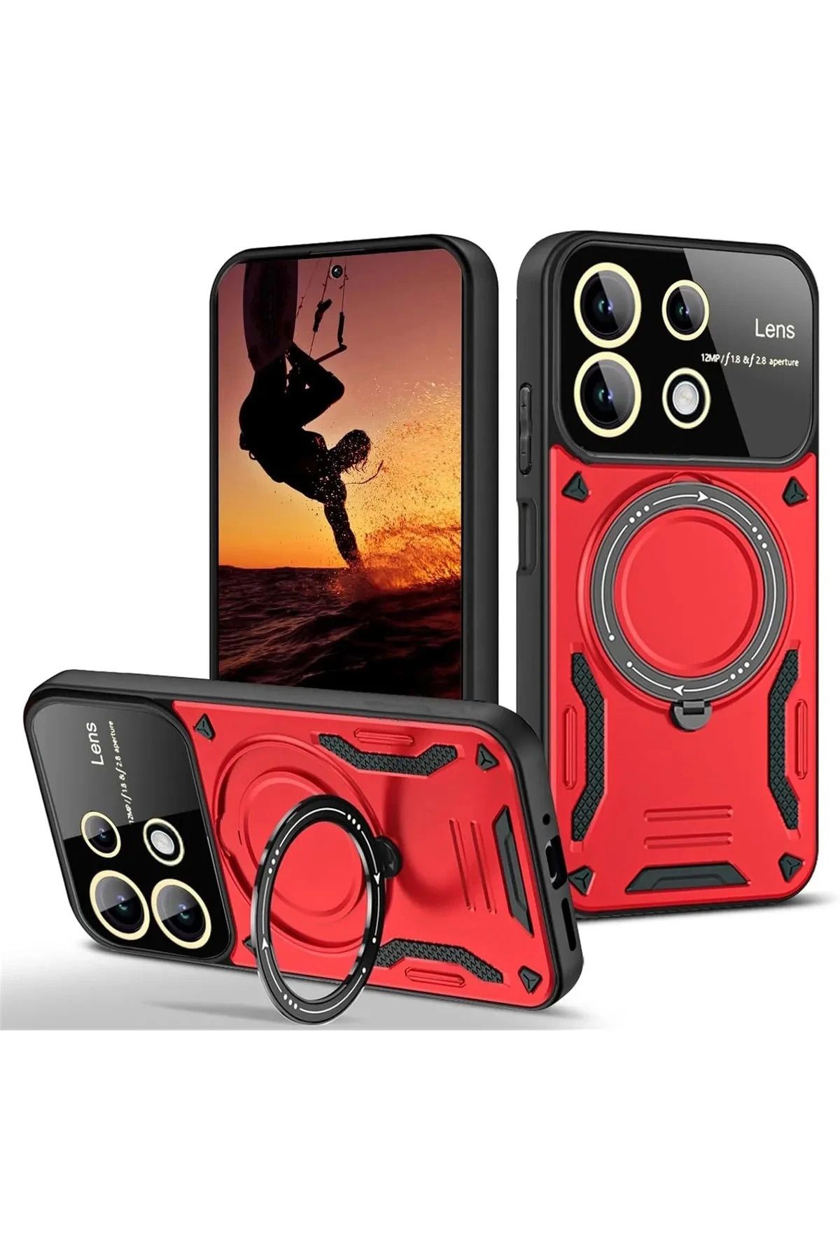 NewFace Xiaomi Redmi 13 4G Kılıf Joy Lens Standlı Kapak - Kırmızı JOJUA