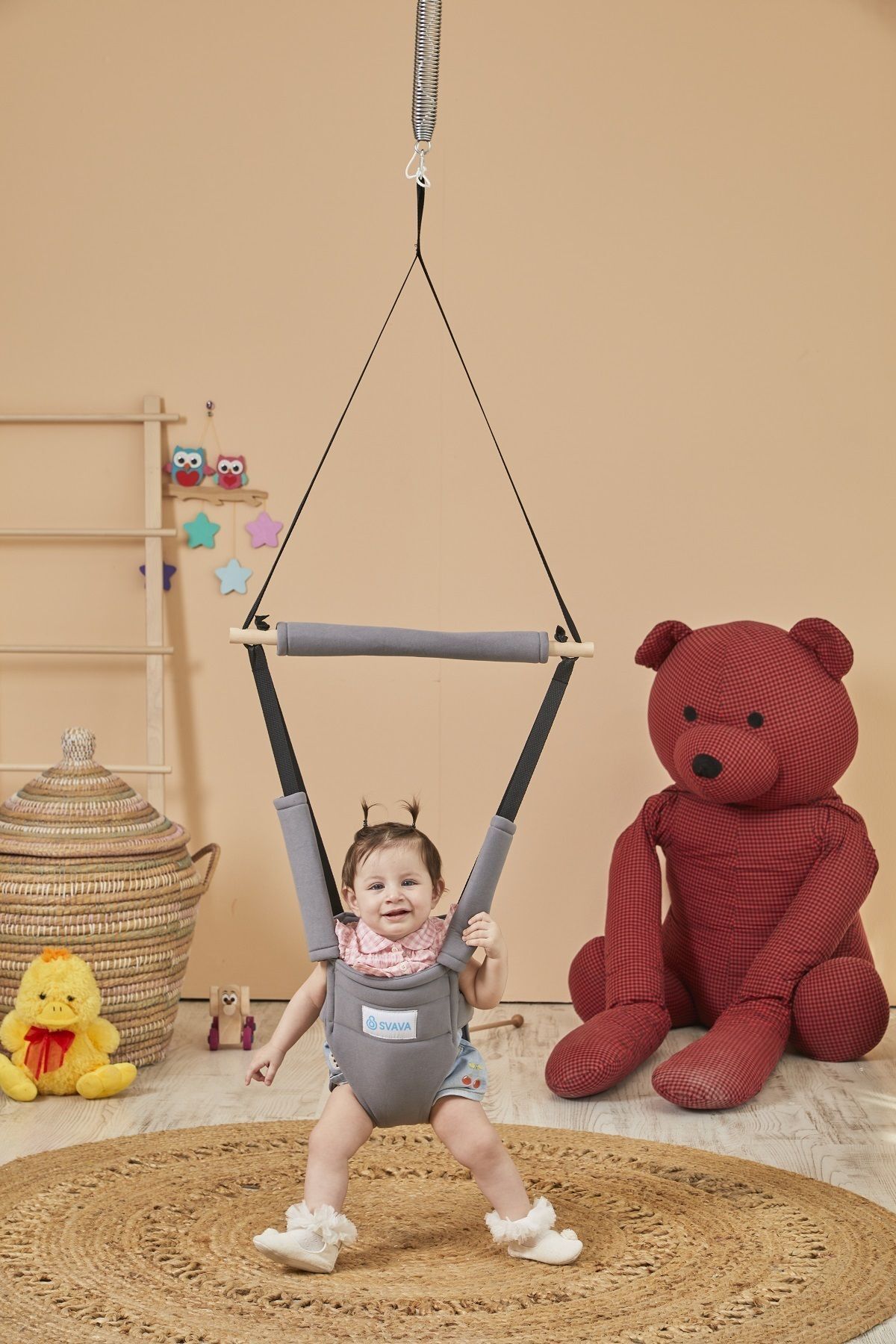 Just Swing Hoppala Zıpzıp Yüz Korumalı Kanguru, Yaylı Denge Bebek Yürüteci Doğal Ahşap Gri