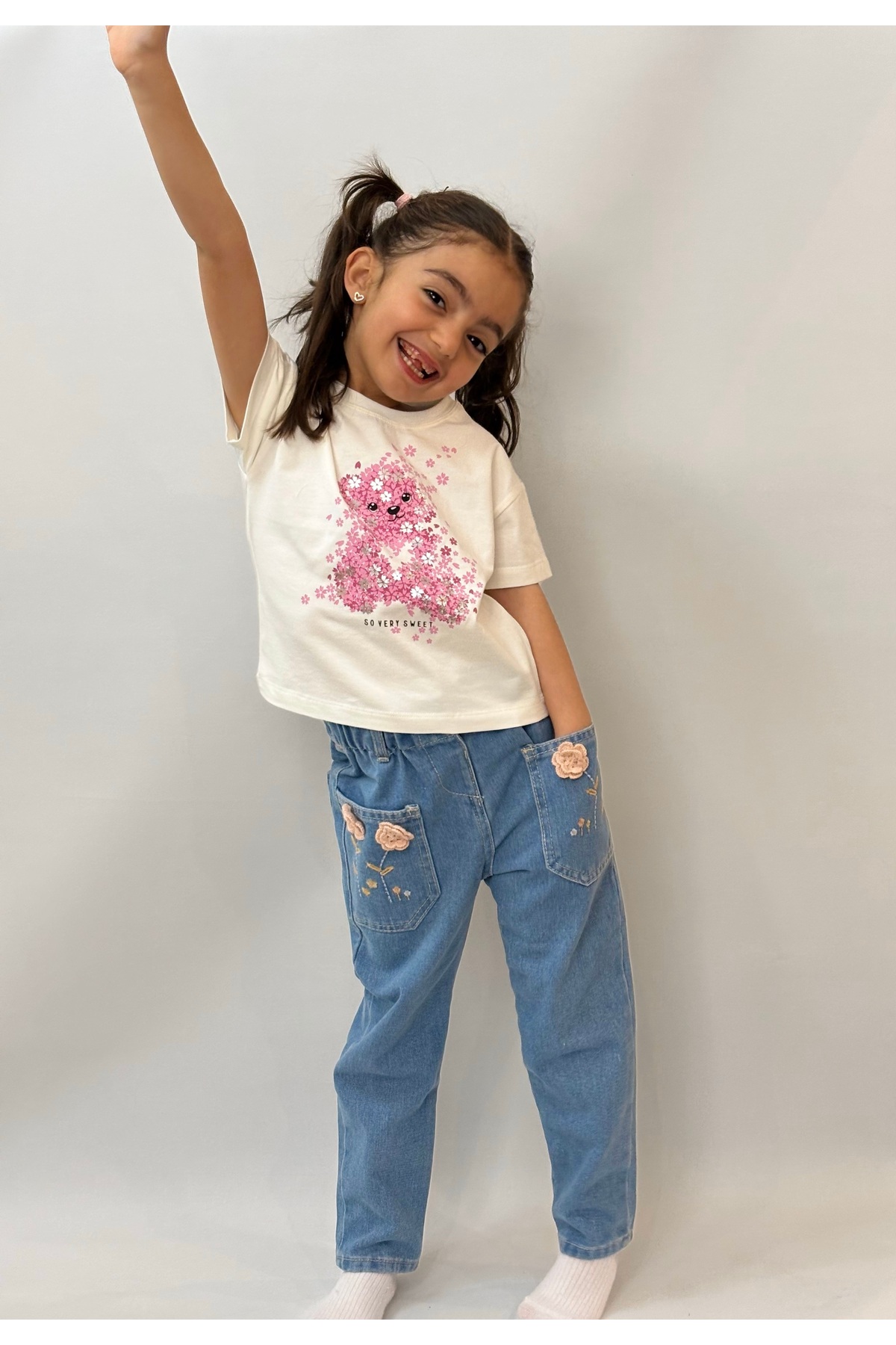 babymjuk Kız Çocuk Baskı Detaylı Tişört Ayıcık Çiçek Desenli Kız Çocuk Basic Tshirt fotoğrafı 2 (önizleme)