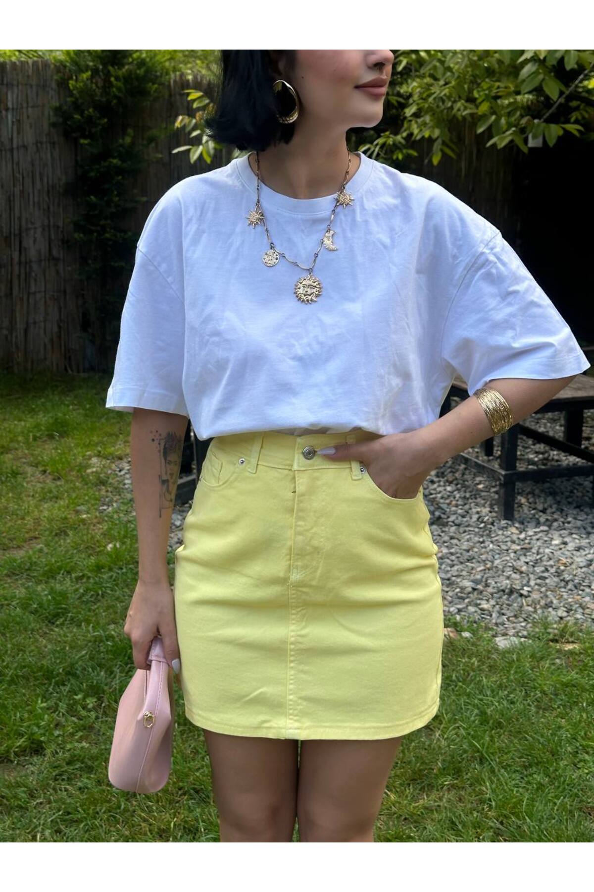 MY LİKA  SARI PETE YIKAMALI MİMİ DENİM ETEK - Görsel 5